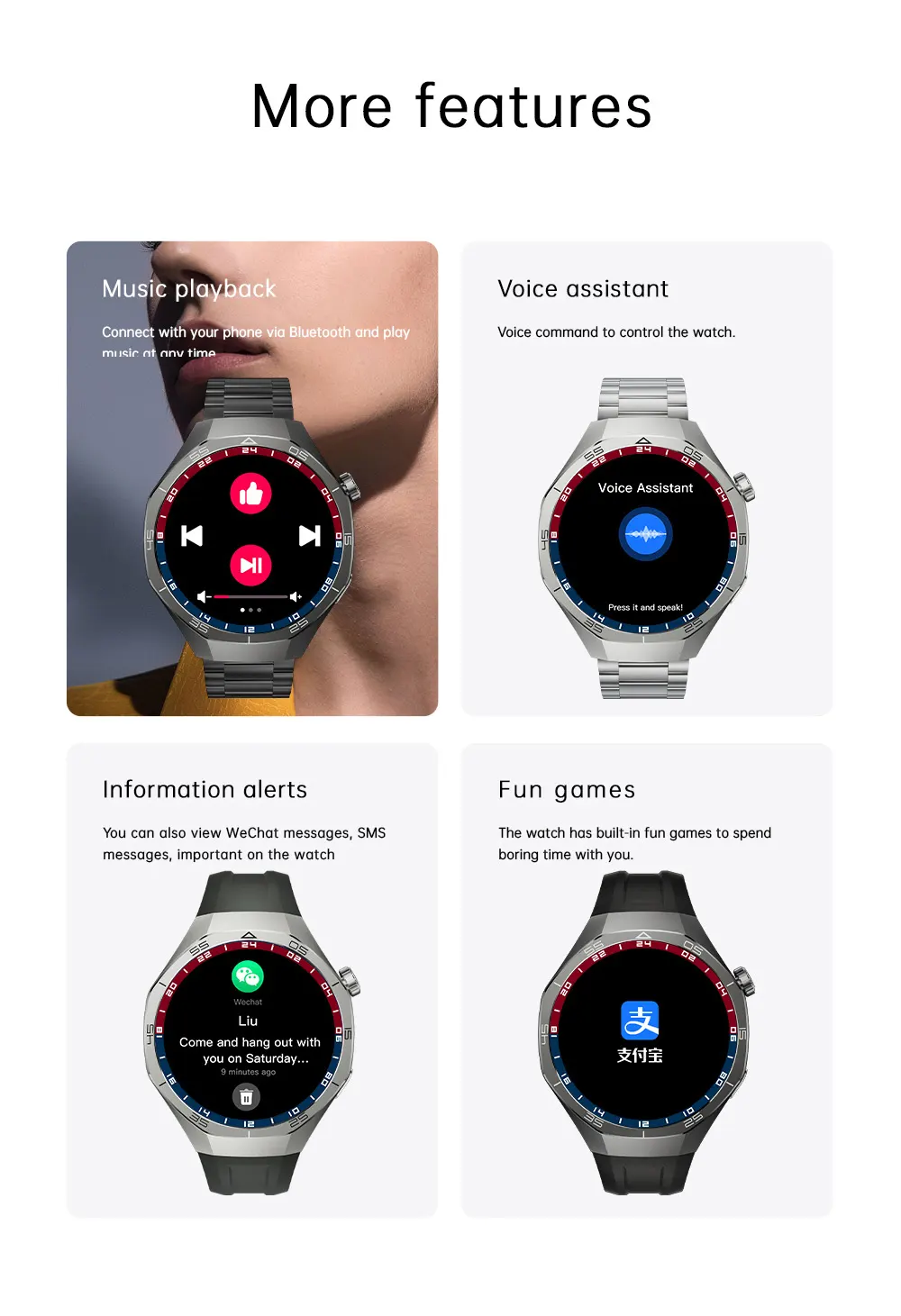 MYRYDER C15Pro more features: Bluetooth music playback, voice assistant, message alerts and built-in casual games
