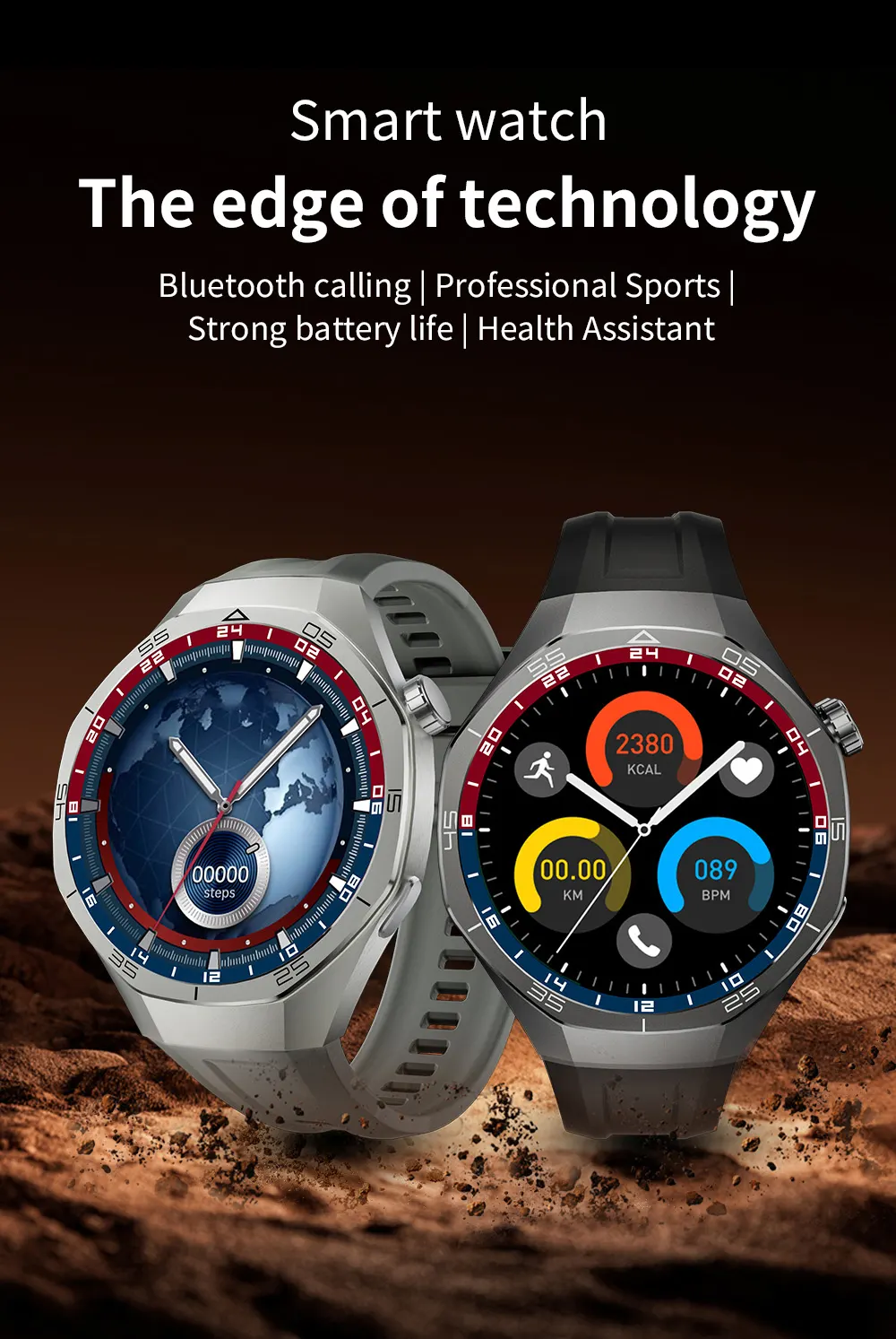 MYRYDER C15Pro infographic banner: Bluetooth calling, professional sports, strong battery life and health assistant, two watches over a desert background
