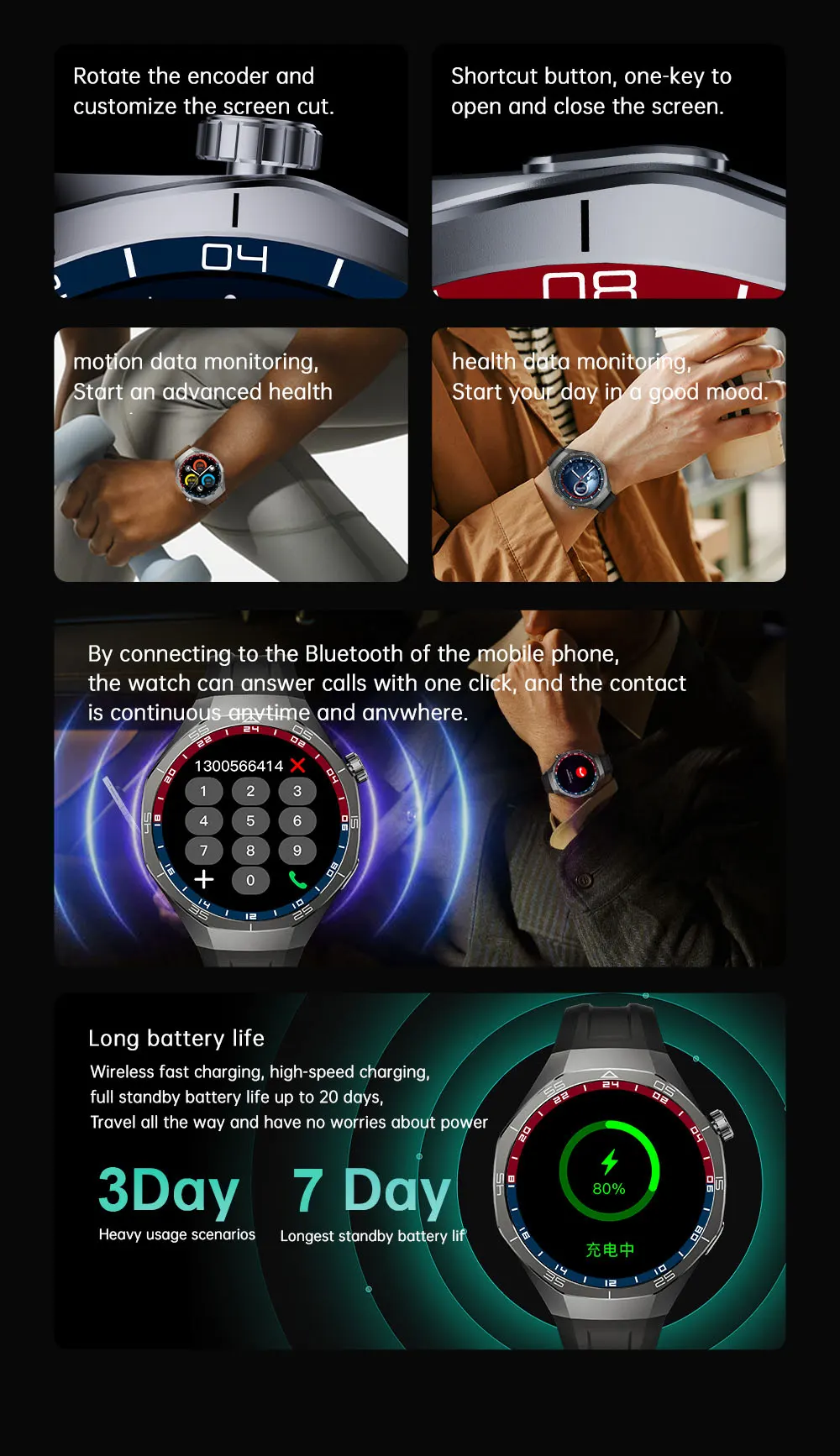 MYRYDER C15Pro feature highlights: rotating encoder crown, one-key shortcut button, sport and health data monitoring, Bluetooth phone calls and long battery life