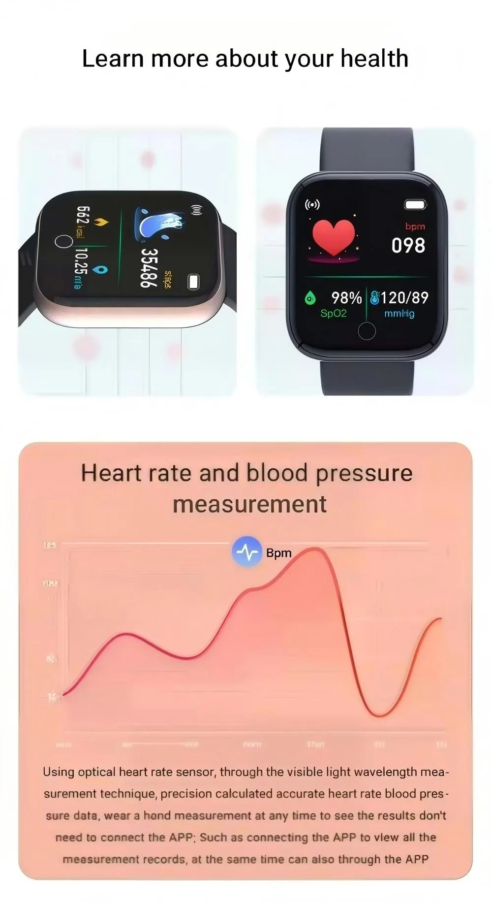 MYRYDER Y68 infographic for heart rate monitoring and sleep tracking health functions