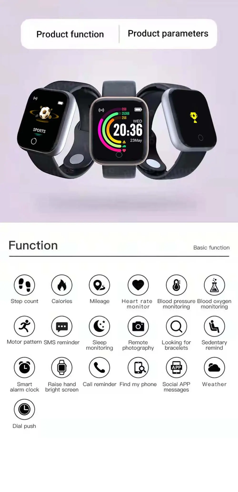 MYRYDER Y68 infographic summary of main smart watch features and multi-function display