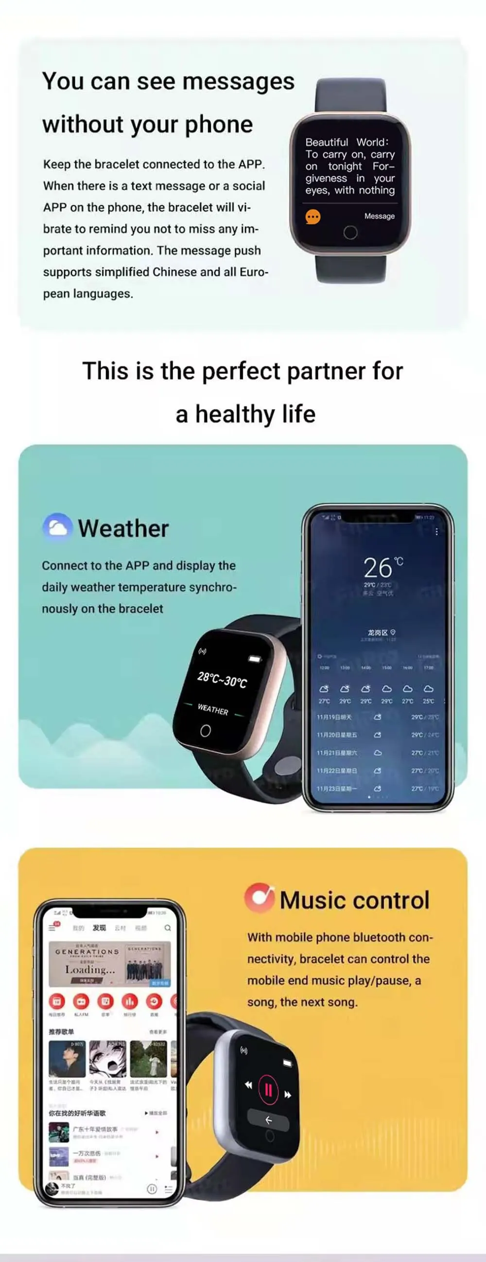 MYRYDER Y68 infographic for Bluetooth music control and remote camera shutter functions