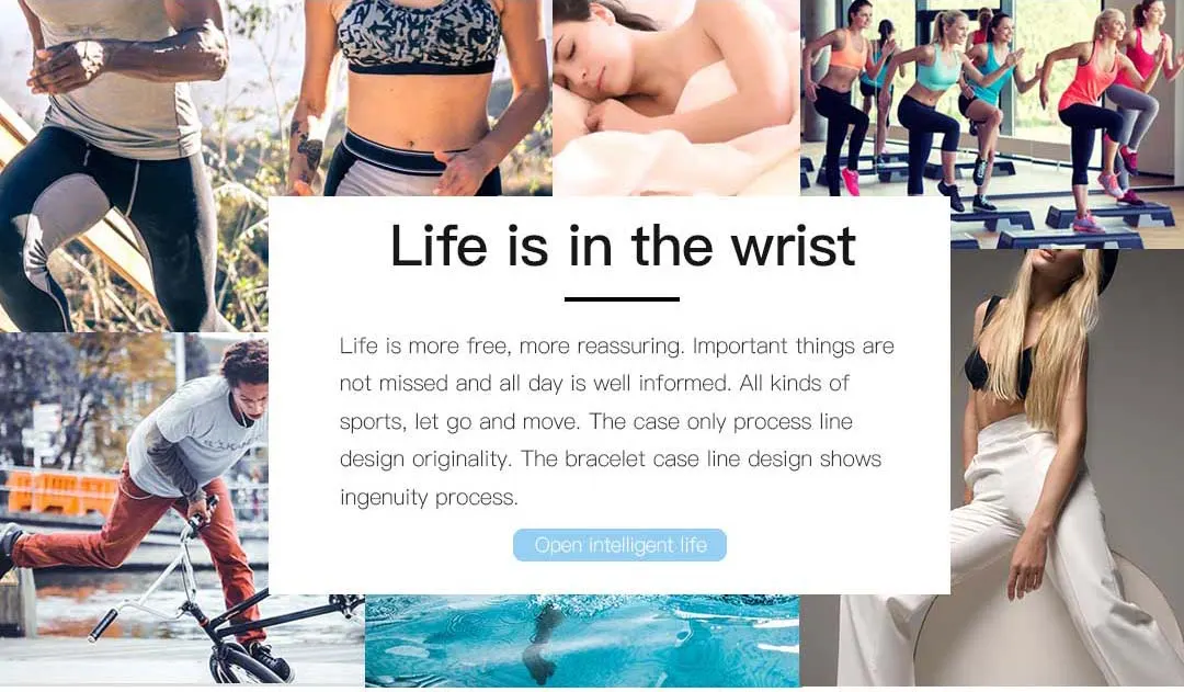 MYRYDER C1Plus lifestyle banner reading Life is in the wrist, showing the fitness band worn across running, training and swimming scenes