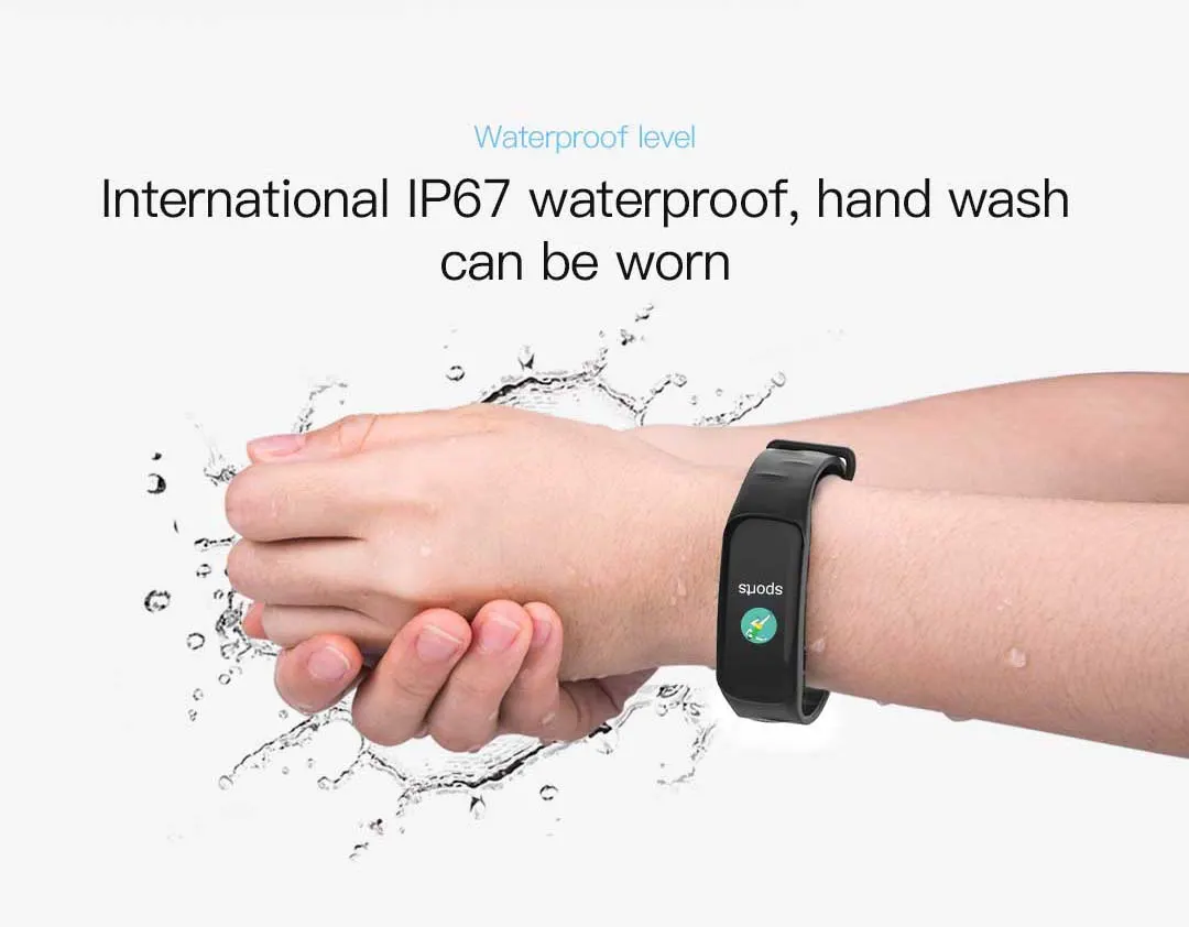 MYRYDER C1Plus infographic for the international IP67 waterproof rating, showing the band can still be worn while washing hands