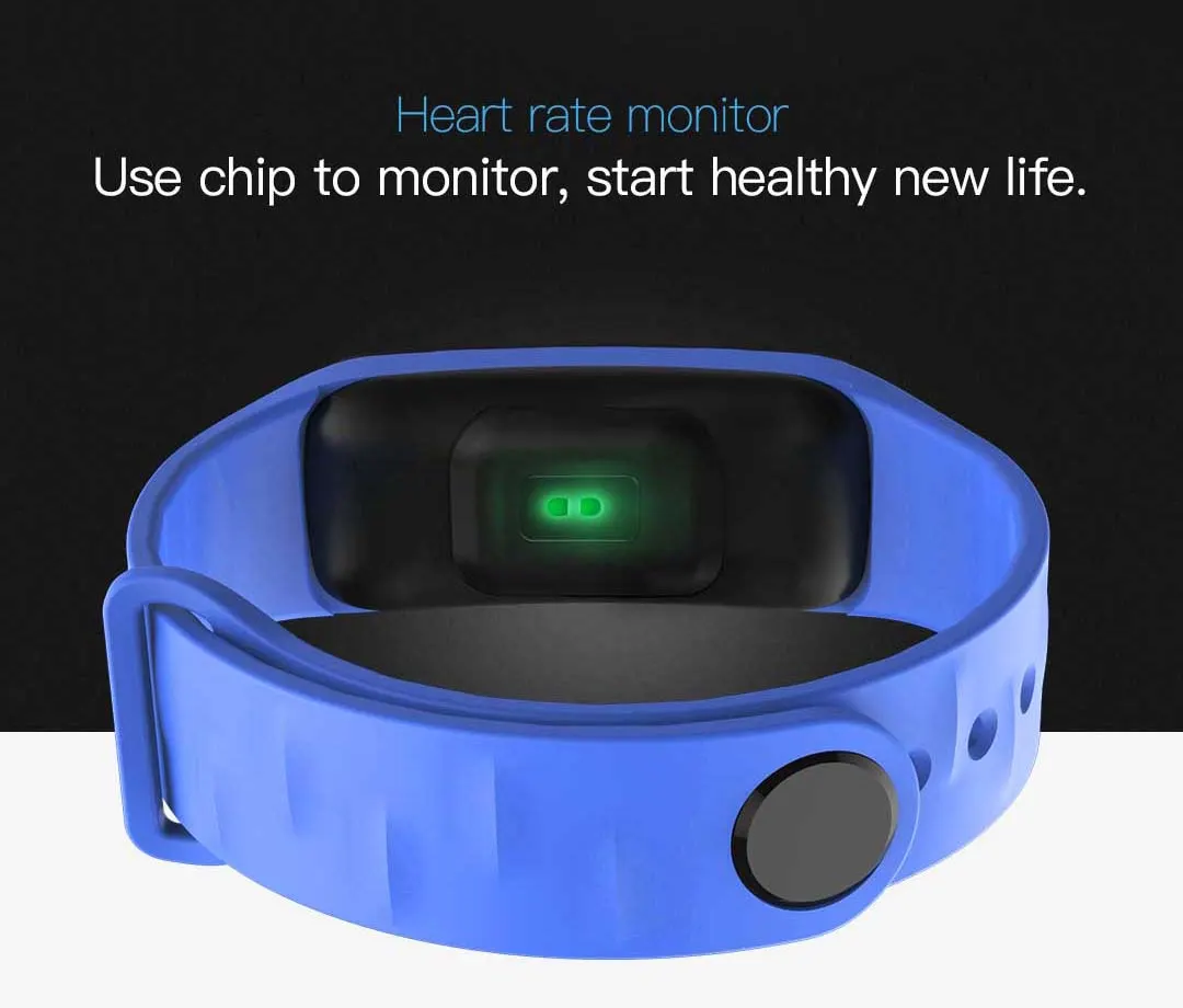 MYRYDER C1Plus rear view of the heart rate sensor module, green optical sensor on the back of the blue fitness band case