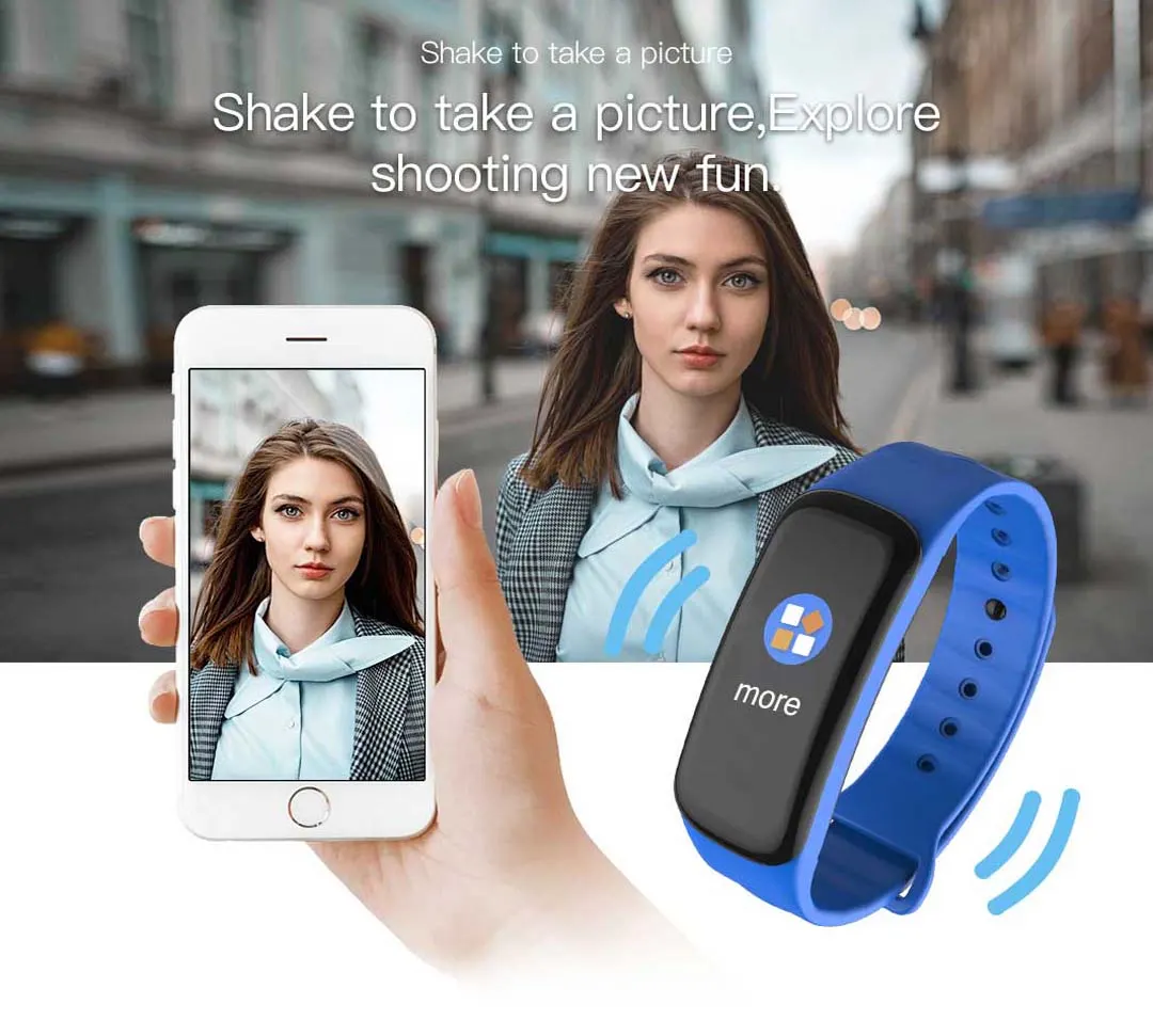 MYRYDER C1Plus infographic for shake to take a picture, remote camera control from the wrist so the phone can stay on its stand