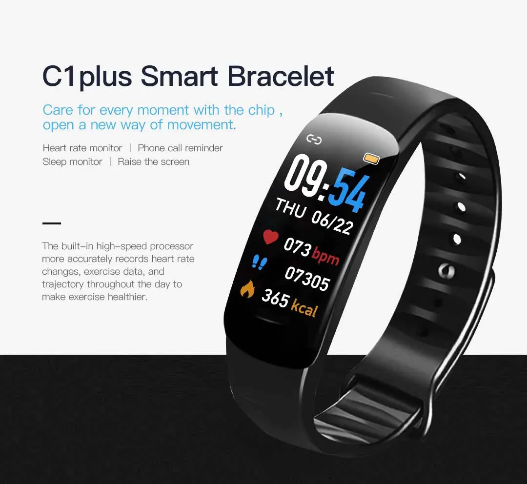 MYRYDER C1Plus smart bracelet overview banner, sports smart bracelet title with heart rate monitor, phone call reminder, sleep monitor and raise the screen feature list