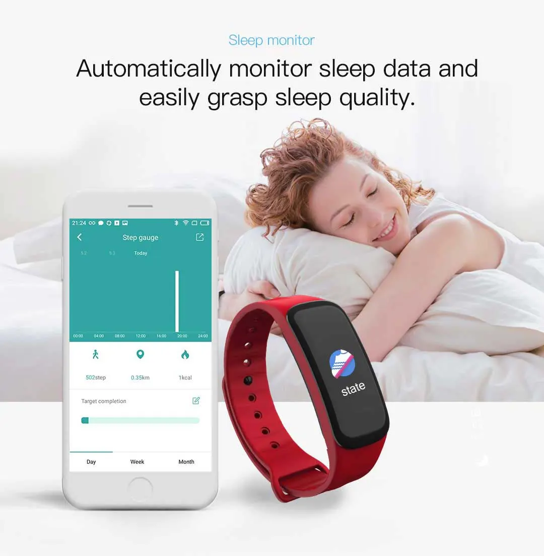 MYRYDER C1Plus infographic for sleep monitoring, automatically recorded sleep data and step gauge statistics shown in the companion app