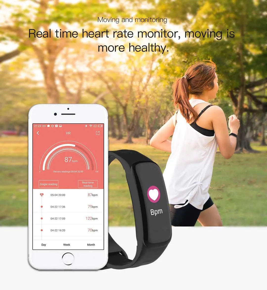 MYRYDER C1Plus infographic for real time heart rate monitoring while moving, with the companion app showing bpm readings by day, week and month