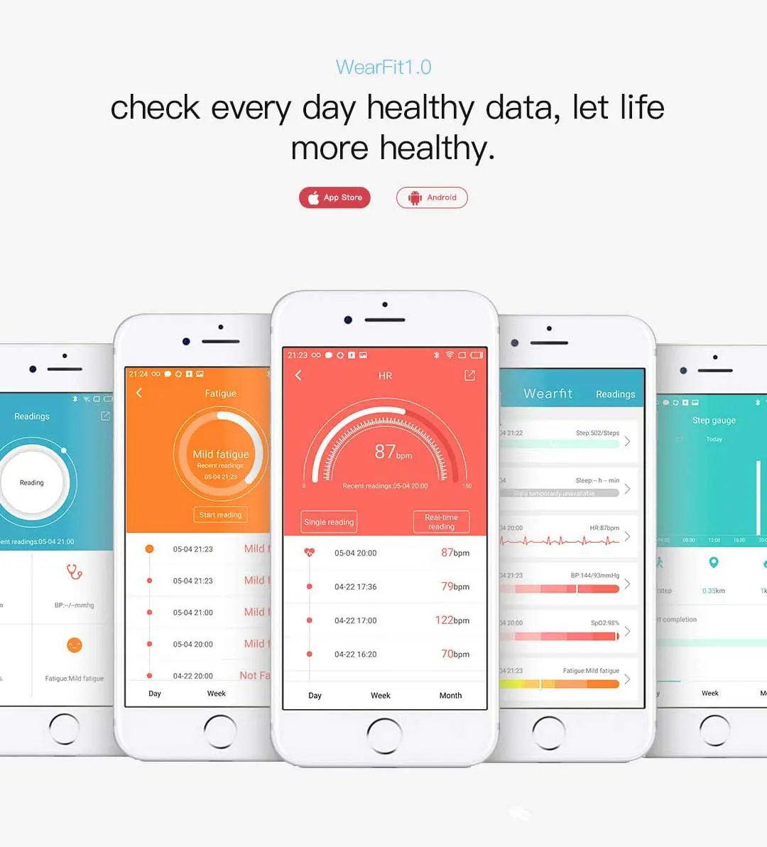 MYRYDER C1Plus infographic for the WearFit 1.0 app on the App Store and Android, showing daily health data screens including heart rate, sleep and activity statistics