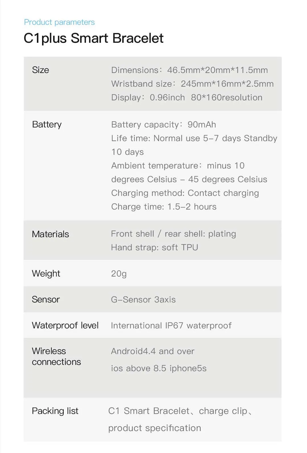 MYRYDER C1Plus product parameters table listing size, wristband size, display resolution, battery capacity, battery life, materials, weight, sensor, waterproof level, wireless connections and packing list