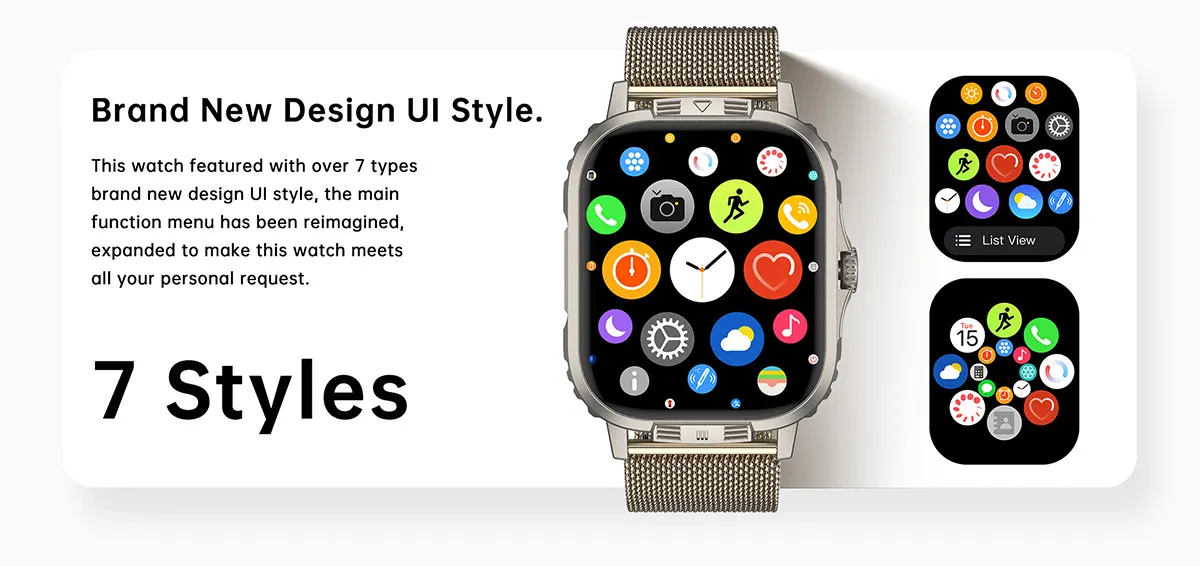 MYRYDER C29Pro smart watch detail: brand new UI style with over 7 menu styles, showing the app grid and list-view menu on the watch