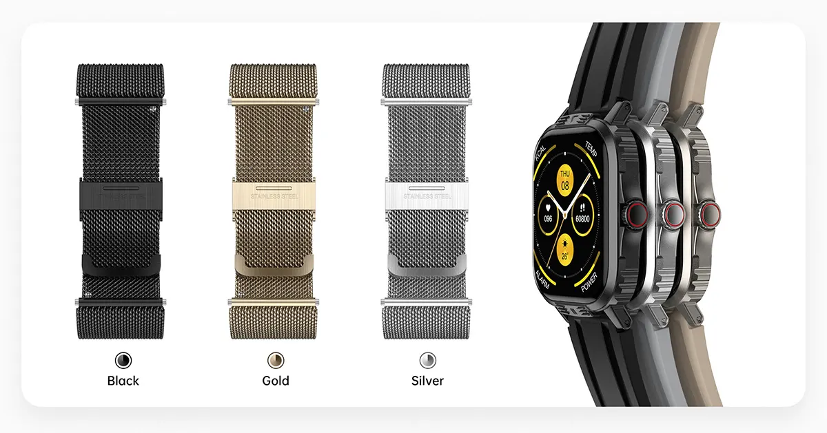 MYRYDER C29Pro smart watch detail: three stainless-steel Milanese loops in black, gold and silver beside three watch cases, with Black, Gold and Silver labels