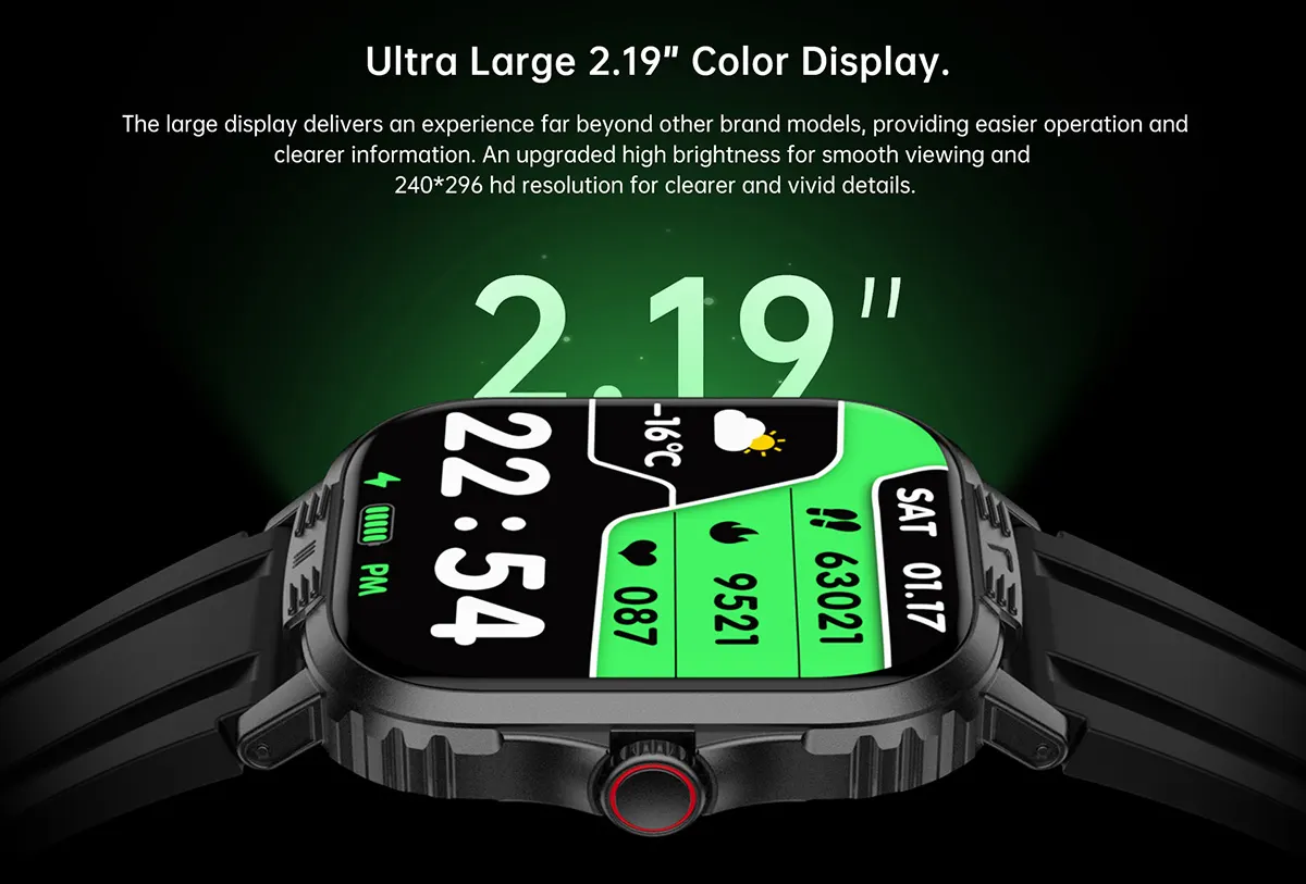 MYRYDER C29Pro smart watch detail: close-up of the 2.19-inch 240 x 296 HD color display showing the dashboard watch face