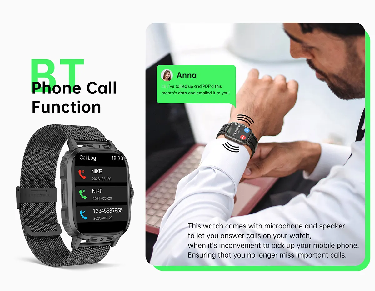 MYRYDER C29Pro smart watch detail: Bluetooth phone call function with an on-watch call log listing incoming, outgoing and missed calls, and a wearer answering a call on the wrist