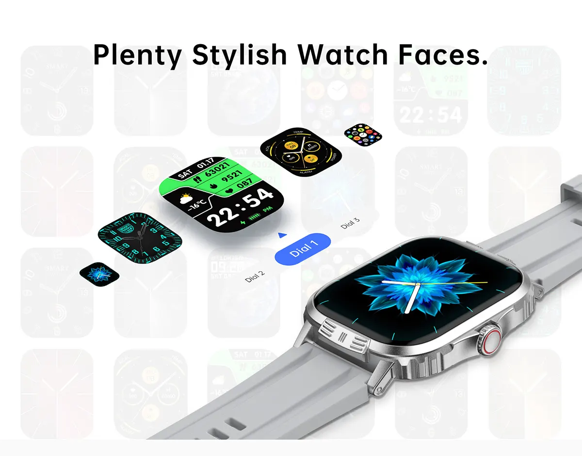 MYRYDER C29Pro smart watch detail: plenty of stylish watch faces shown as a grid of dial previews with three featured dials floating over a silver watch