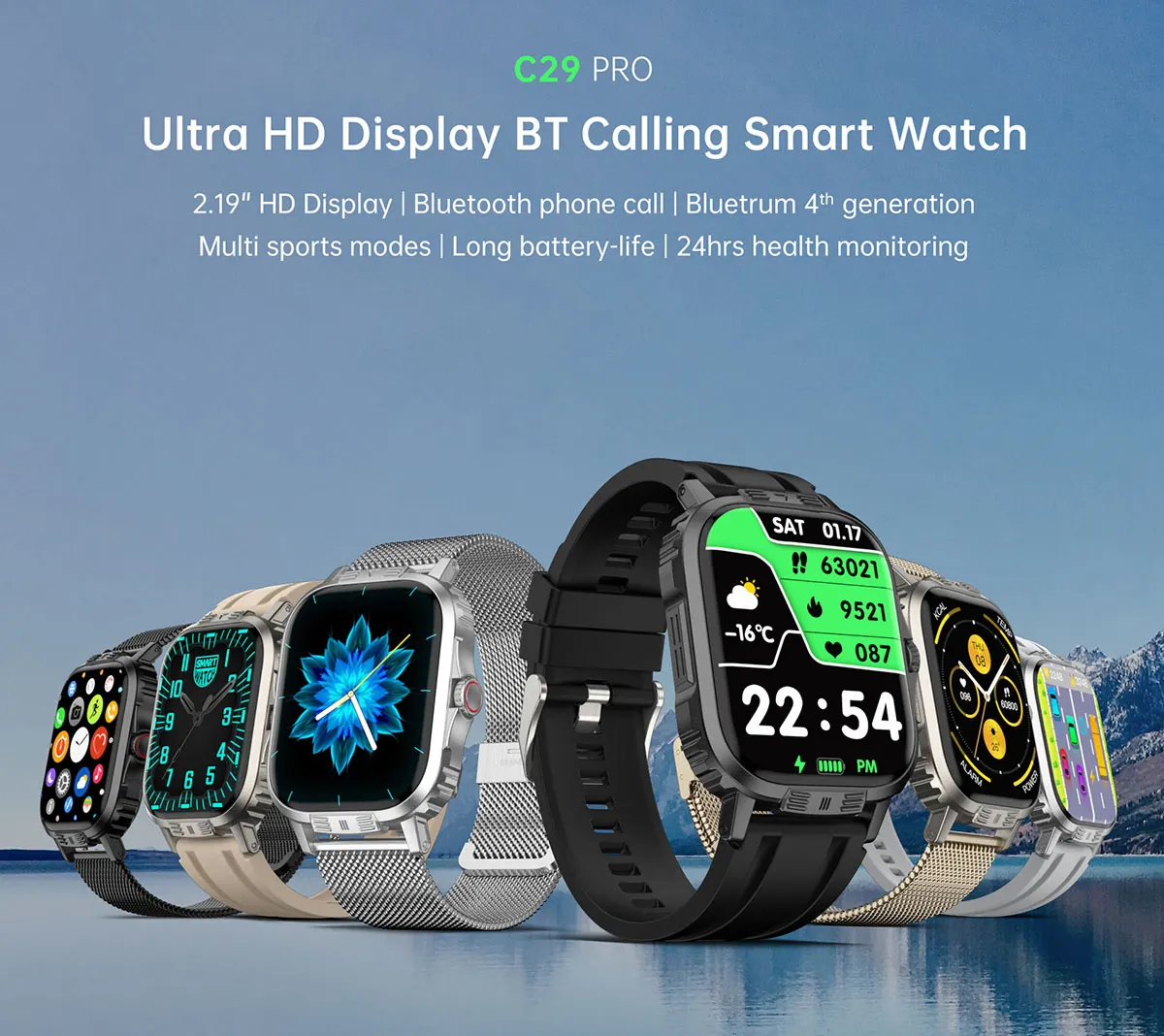MYRYDER C29Pro smart watch detail: product banner listing the 2.19-inch HD display, Bluetooth phone calls, Bluetrum 4th generation chip, multi sports modes, long battery life and 24-hour health monitoring, with the watch shown in six case and strap combinations