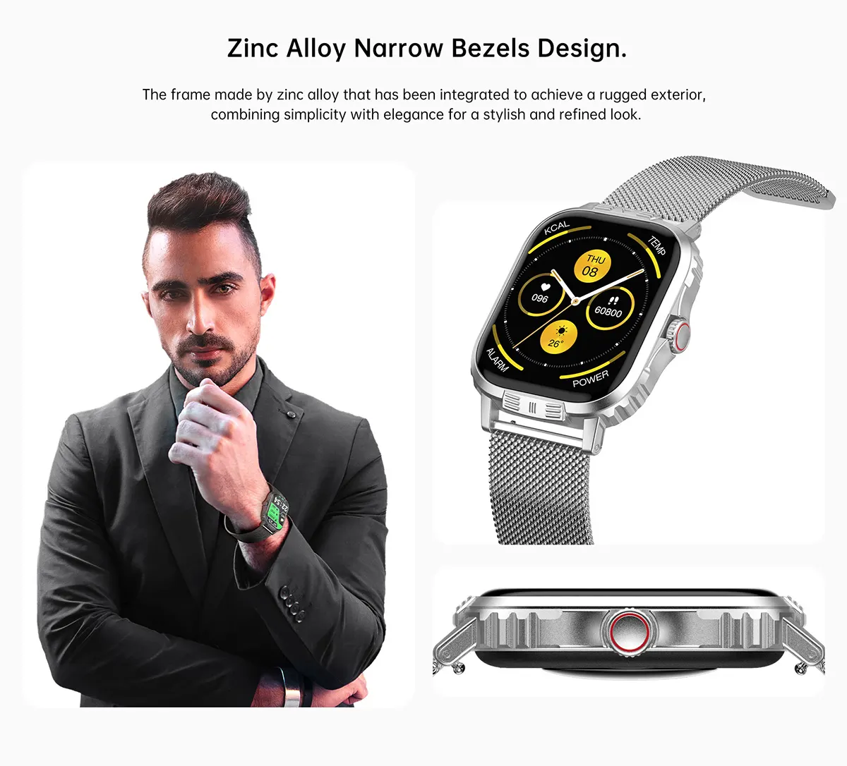MYRYDER C29Pro smart watch detail: zinc alloy narrow-bezel frame in silver with a Milanese loop, plus a side profile showing the red-ringed rotary crown