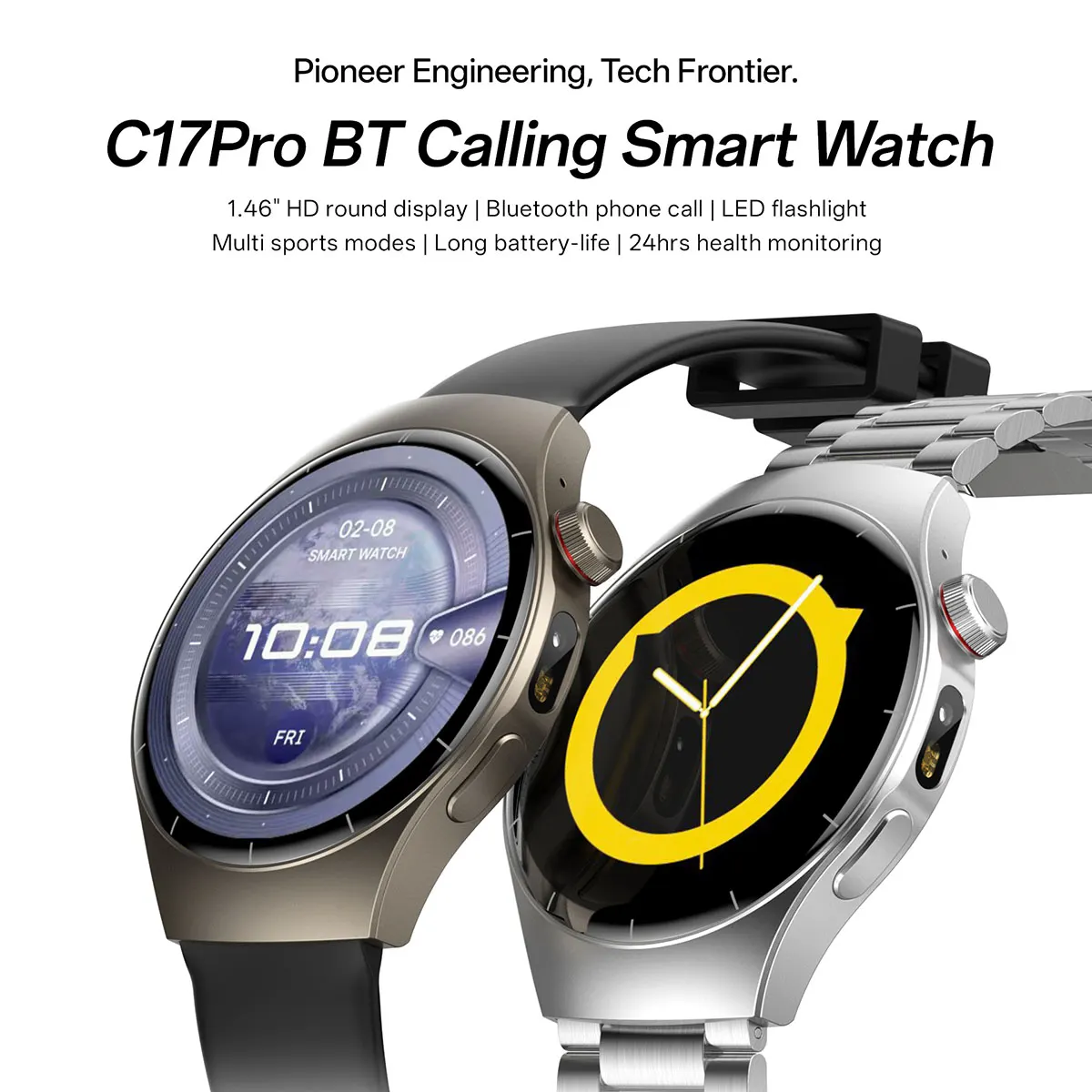 MYRYDER C17Pro smart watch product banner: C17Pro BT calling smart watch with 1.46-inch HD round display, Bluetooth phone call, LED flashlight, multi sports modes, long battery life and 24-hour health monitoring, two watches over a desert horizon