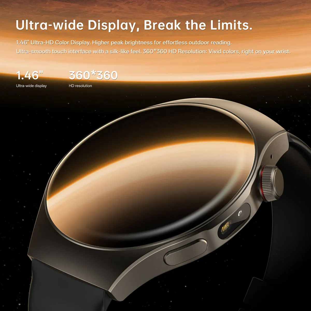 MYRYDER C17Pro smart watch close-up of the 1.46-inch ultra-wide HD colour display with 360*360 resolution and higher peak brightness for outdoor reading