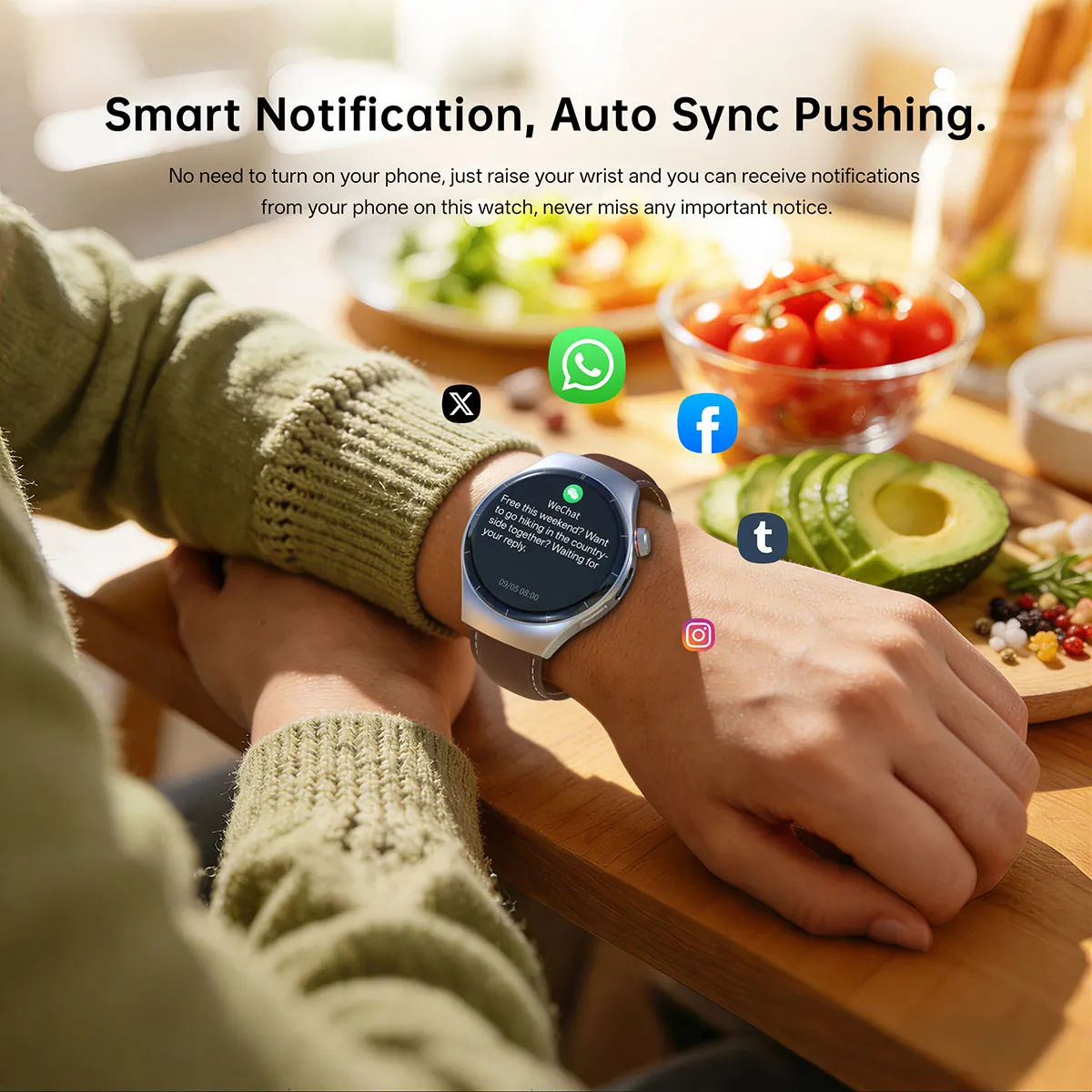 MYRYDER C17Pro smart watch smart notification auto sync: messages from WhatsApp, Facebook, X, Tumblr and Instagram pushed to the watch display