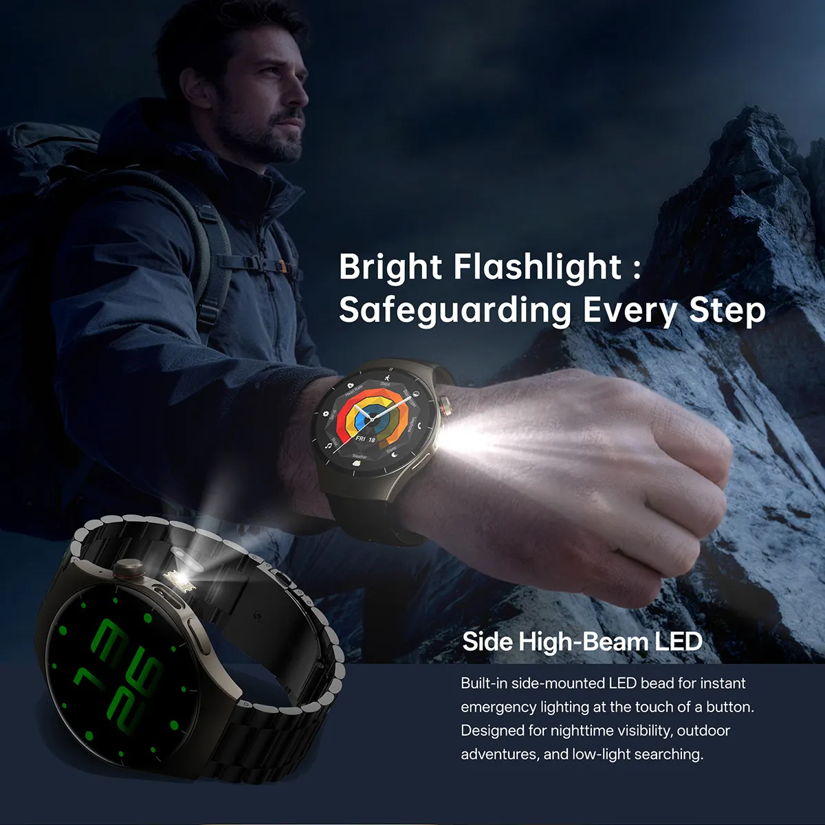 MYRYDER C17Pro smart watch side high-beam LED flashlight for emergency lighting, nighttime visibility and outdoor adventures