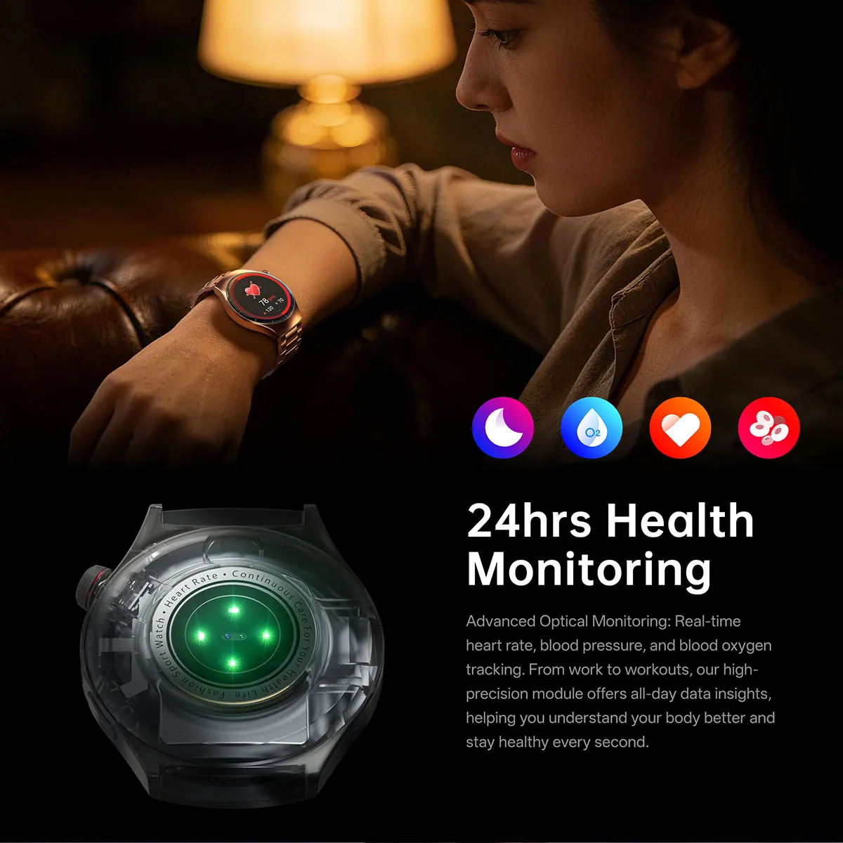 MYRYDER C17Pro smart watch 24-hour health monitoring with an optical sensor tracking heart rate, blood pressure and blood oxygen