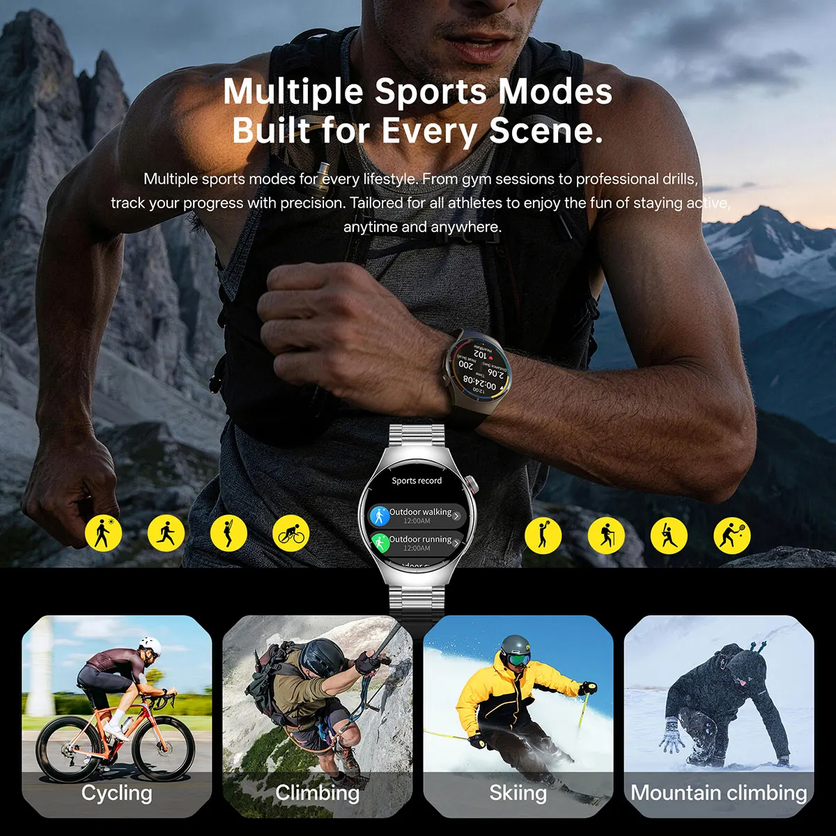 MYRYDER C17Pro smart watch multiple sports modes including outdoor walking, running, cycling, climbing, skiing and mountain climbing