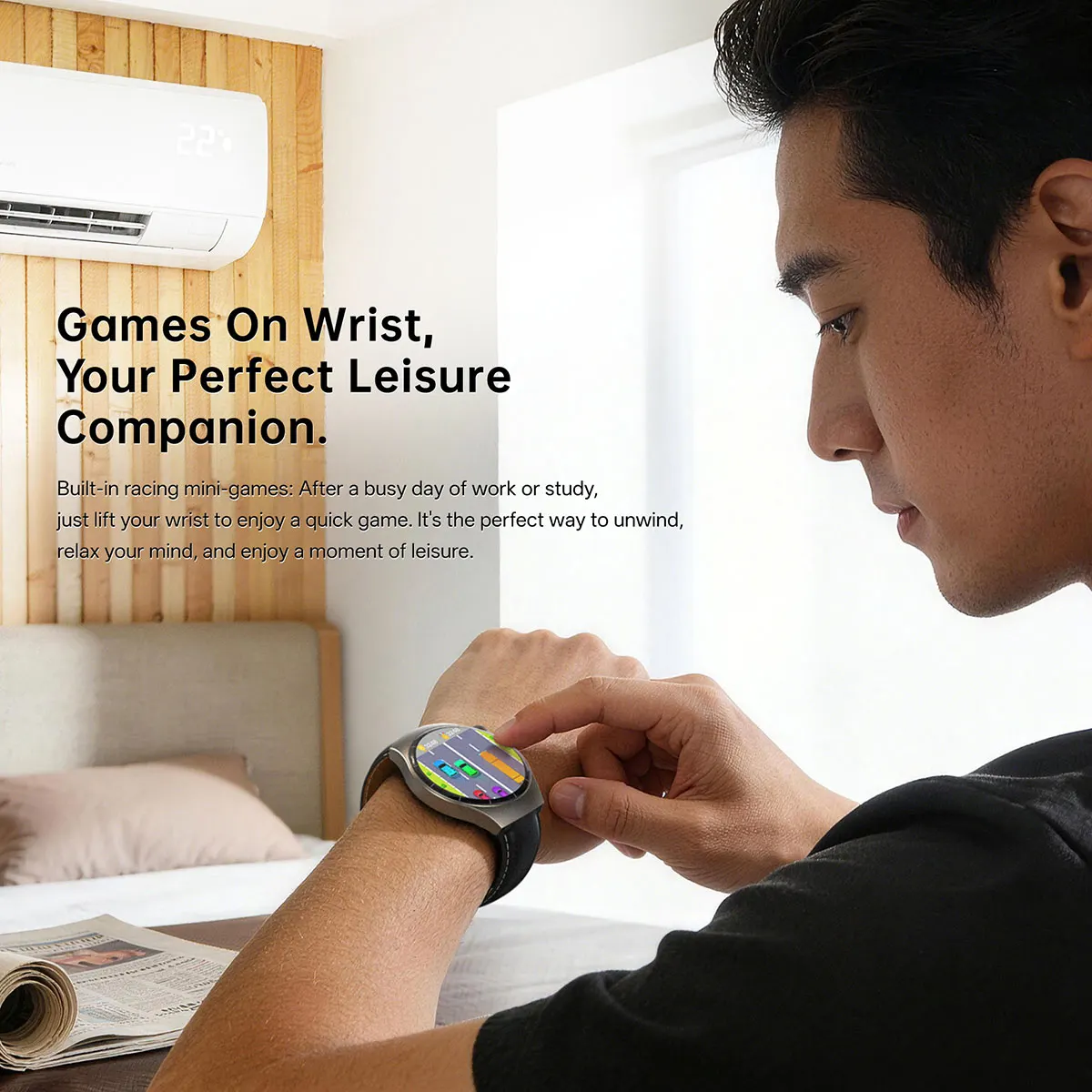 MYRYDER C17Pro smart watch built-in racing mini-games playable directly on the round display