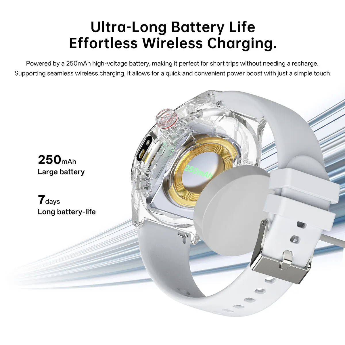 MYRYDER C17Pro smart watch 250 mAh high-voltage battery with about 7 days of battery life and cable-free wireless charging
