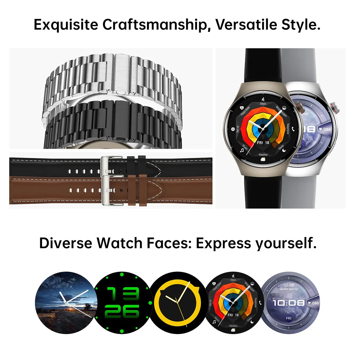 MYRYDER C17Pro smart watch strap options in silver and black steel link plus black and brown leather, and diverse watch faces