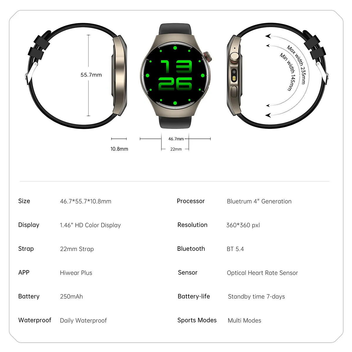 MYRYDER C17Pro smart watch specification table: 46.7*55.7*10.8 mm case, 1.46-inch HD display, 22 mm strap, Hiwear Plus app, 250 mAh battery, Bluetooth 5.4, 7-day standby and daily waterproof rating