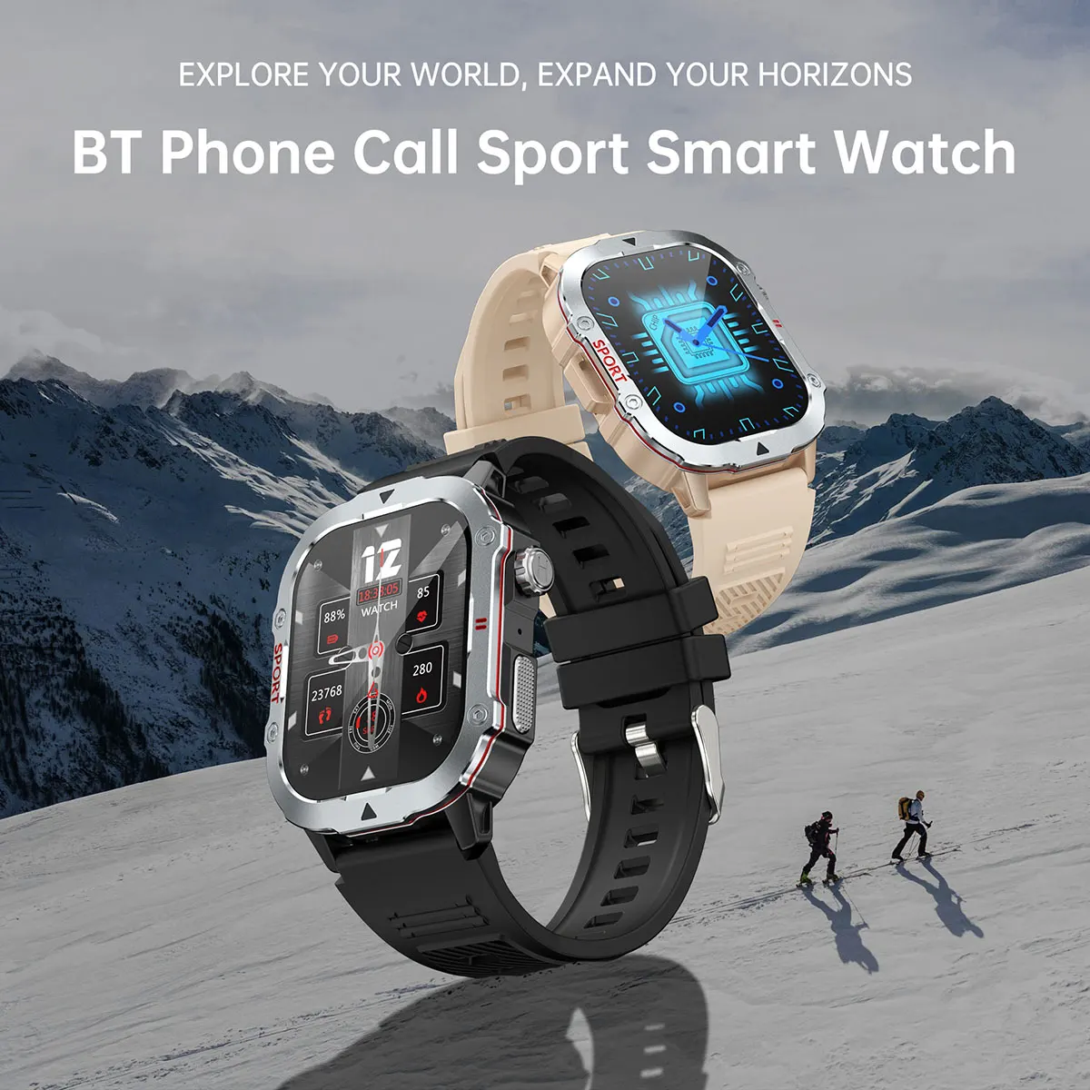 MYRYDER C30Pro smart watch detail: product banner for the C30Pro outdoor smart watch showing a silver and a black case on a snow-covered mountain, headed "BT Phone Call Sport Smart Watch"