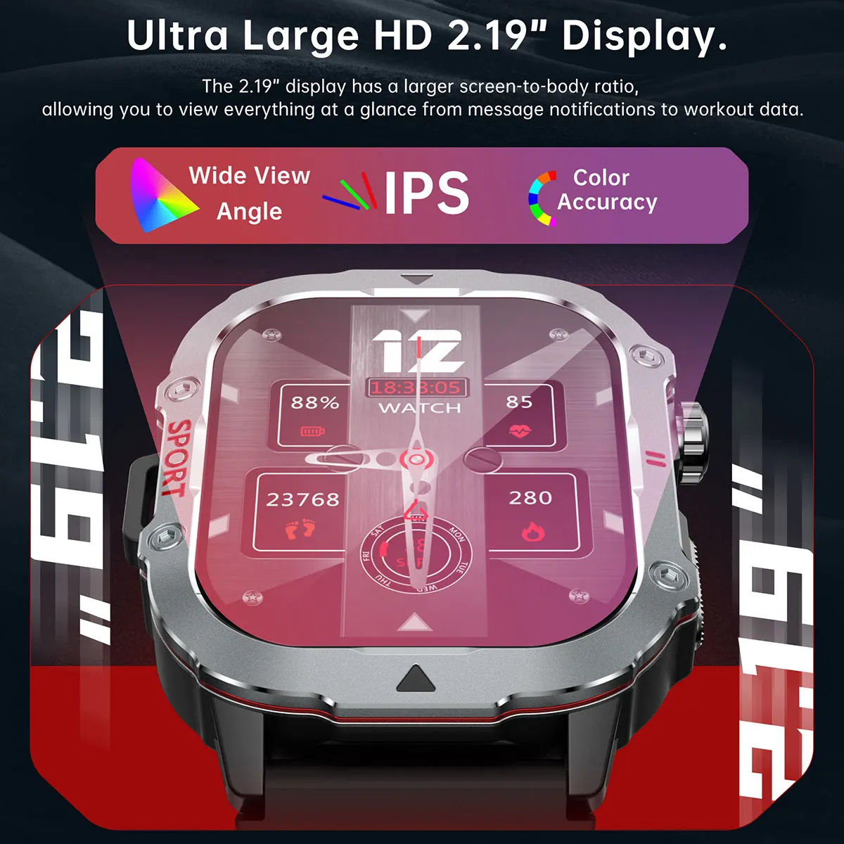 MYRYDER C30Pro smart watch detail: close-up of the 2.19-inch 240 x 296 HD display with IPS wide viewing angle and colour accuracy