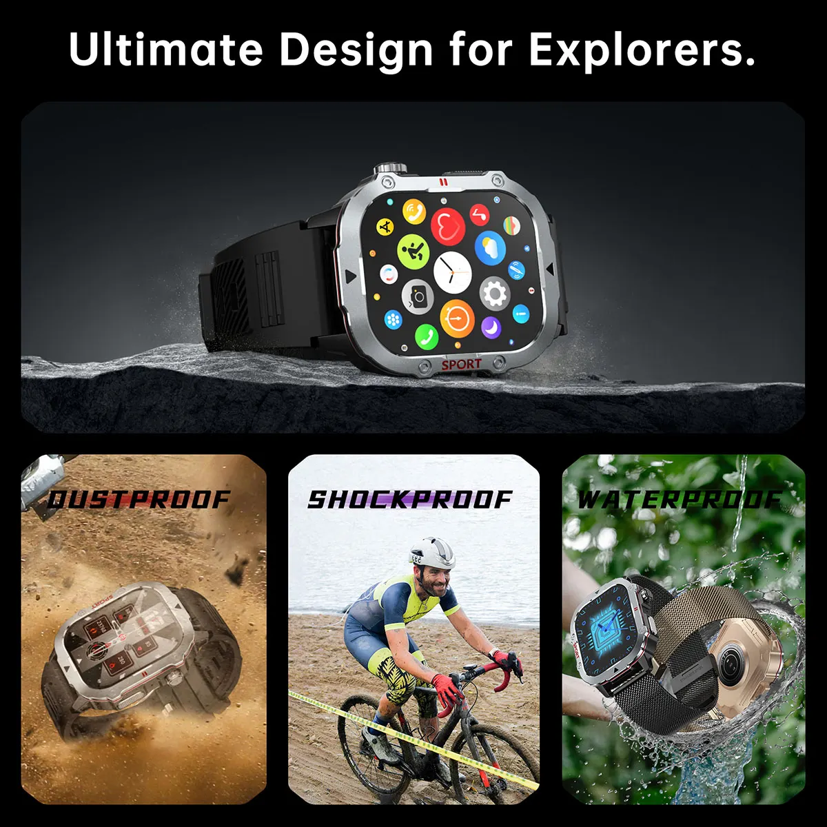 MYRYDER C30Pro smart watch detail: rugged design panels labelled dustproof, shockproof and waterproof, with the watch dropped into sand and splashed with water