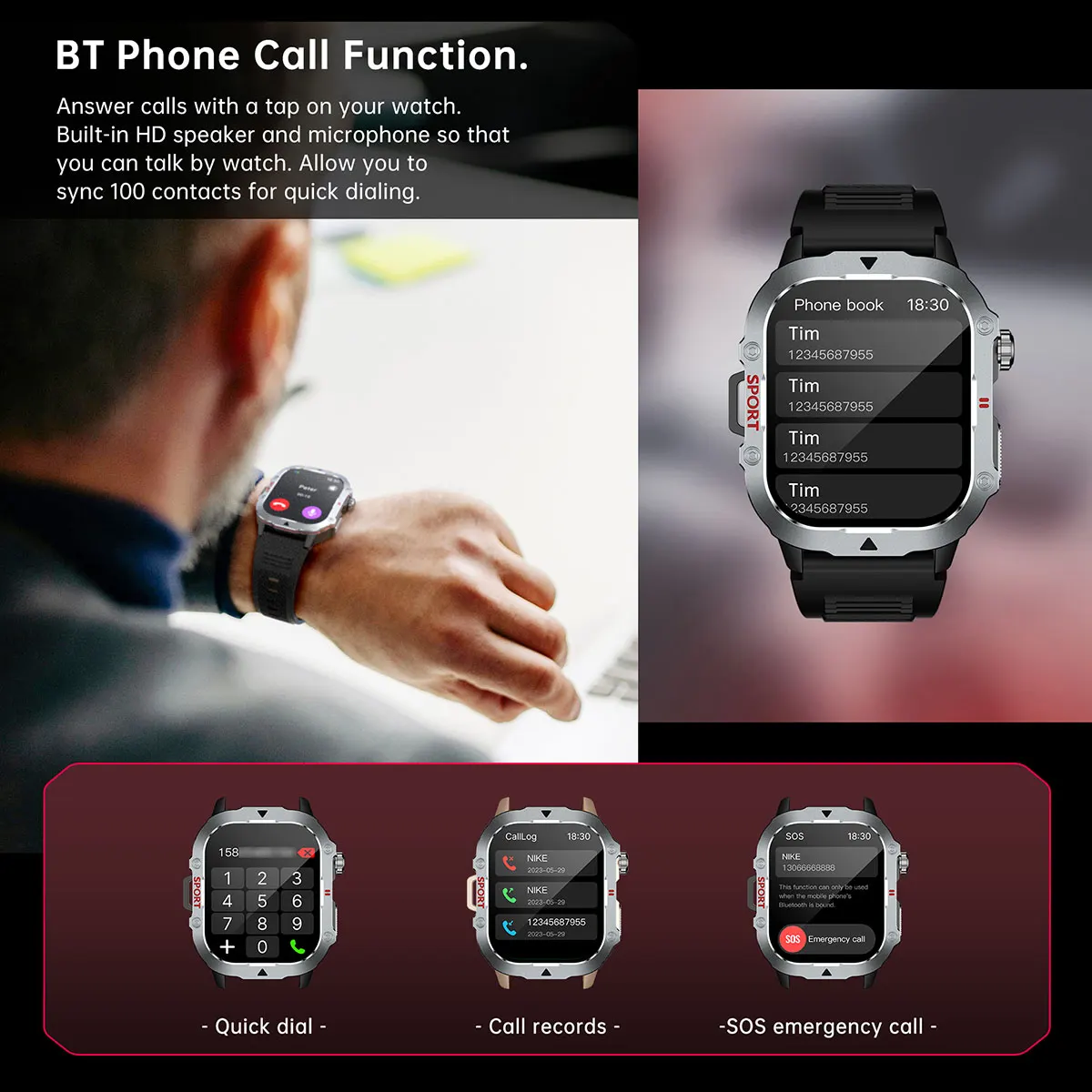 MYRYDER C30Pro smart watch detail: Bluetooth phone call function with a wearer answering on the wrist, an on-watch phone book listing contacts, plus quick dial, call records and SOS emergency call screens