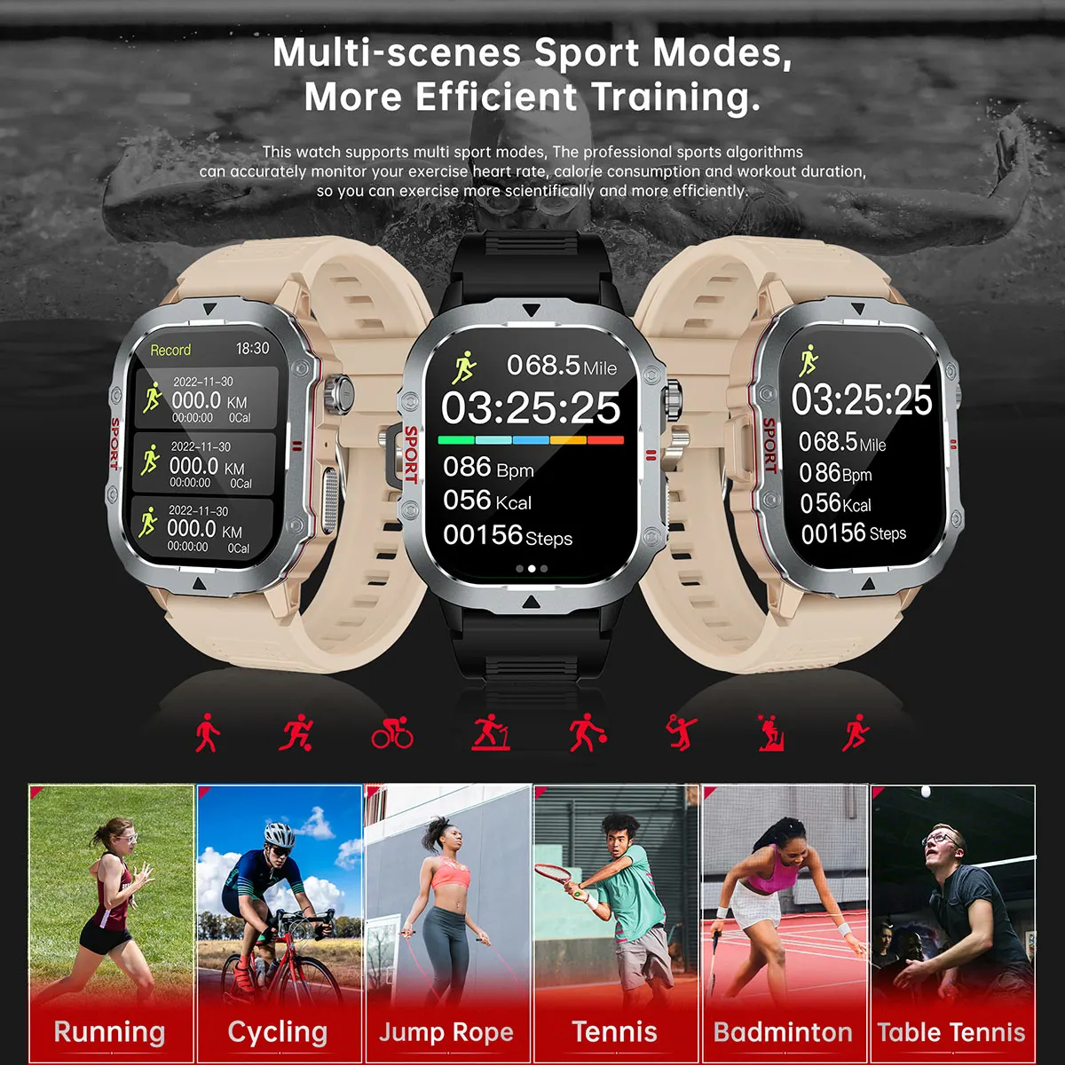MYRYDER C30Pro smart watch detail: multi-scene sport modes: three watches showing 068.5 mile, 03:25:25, 086 bpm, 056 kcal and 00156 steps, with running, cycling, jump rope, tennis, badminton and table tennis tiles