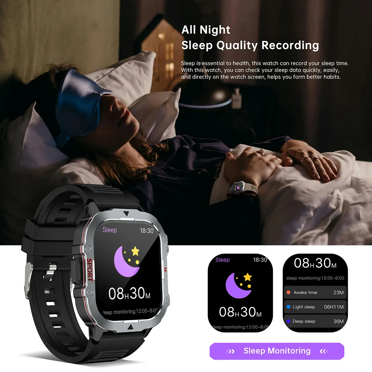 MYRYDER C30Pro smart watch detail: all-night sleep quality recording: a watch showing 08H 30M of sleep with awake time, light sleep and deep sleep breakdown