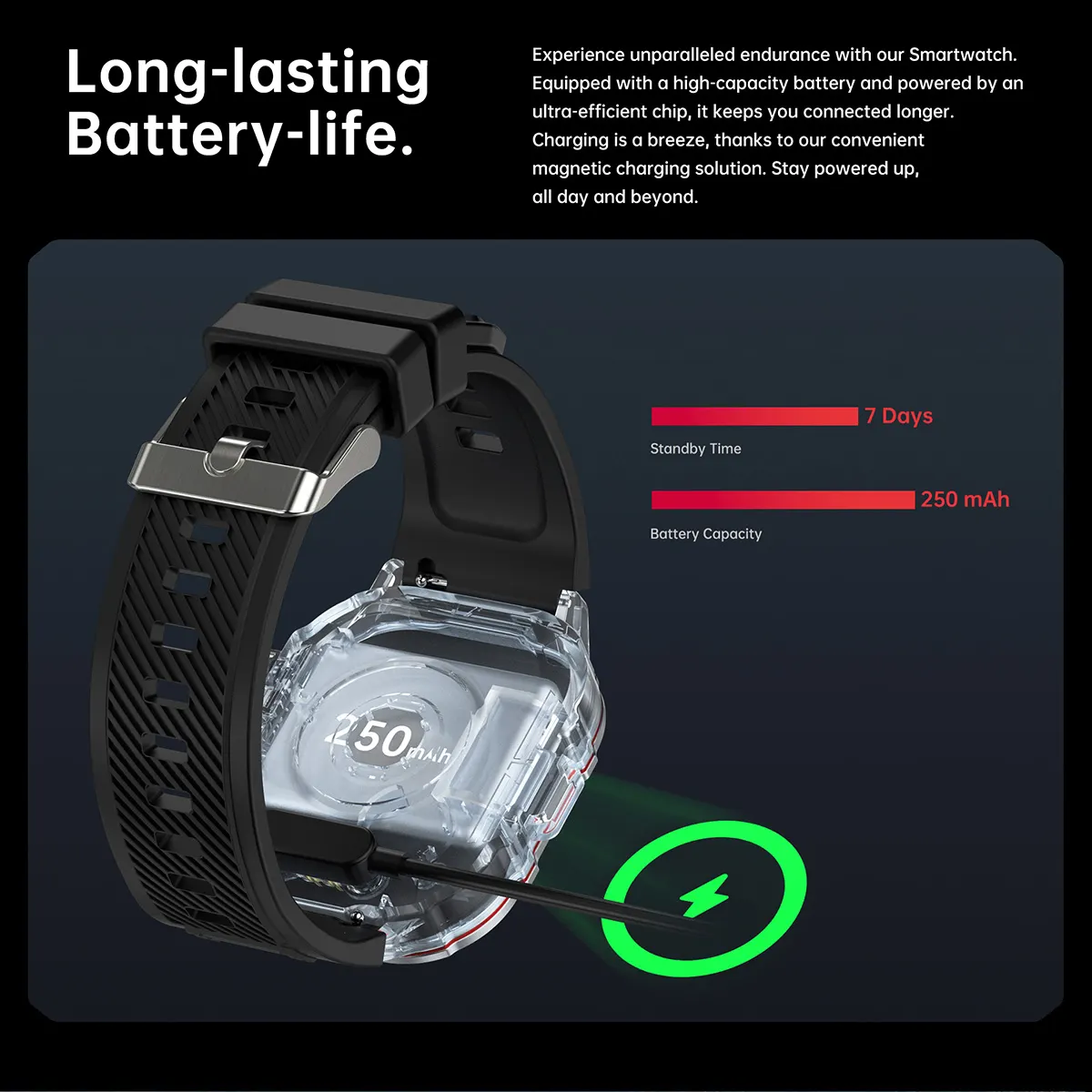 MYRYDER C30Pro smart watch detail: long-lasting battery life: exploded view showing the 250 mAh cell with a magnetic charging cable, rated 7 days standby time and 250 mAh capacity