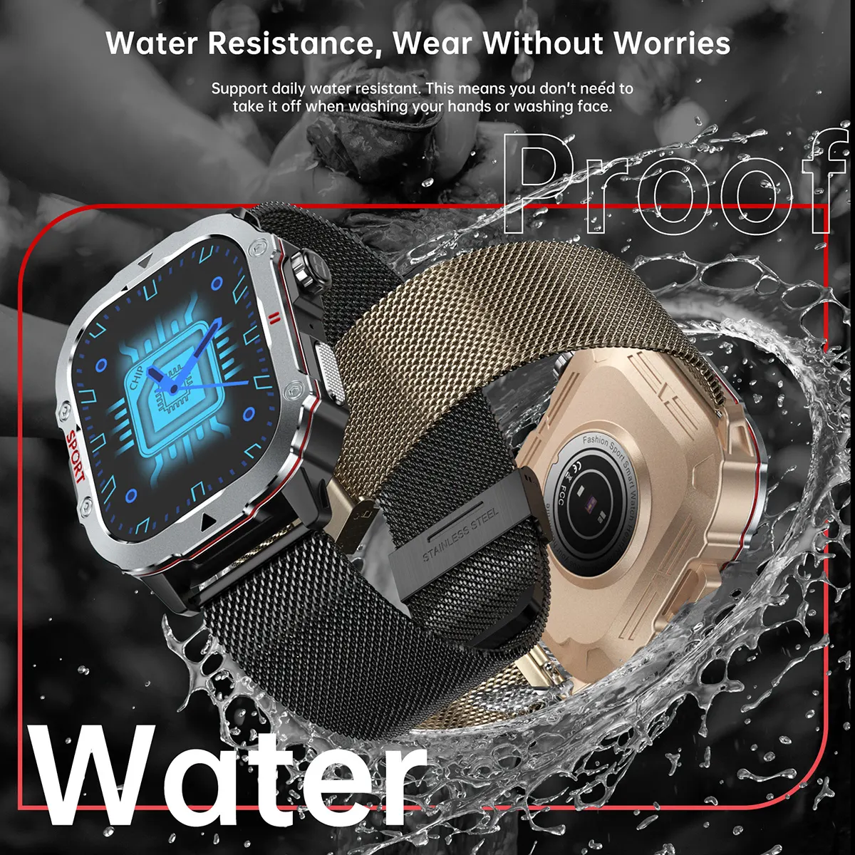 MYRYDER C30Pro smart watch detail: water resistance graphic with the watch splashed by water under the heading "Water Resistance, Wear Without Worries", noting daily water resistance for hand and face washing
