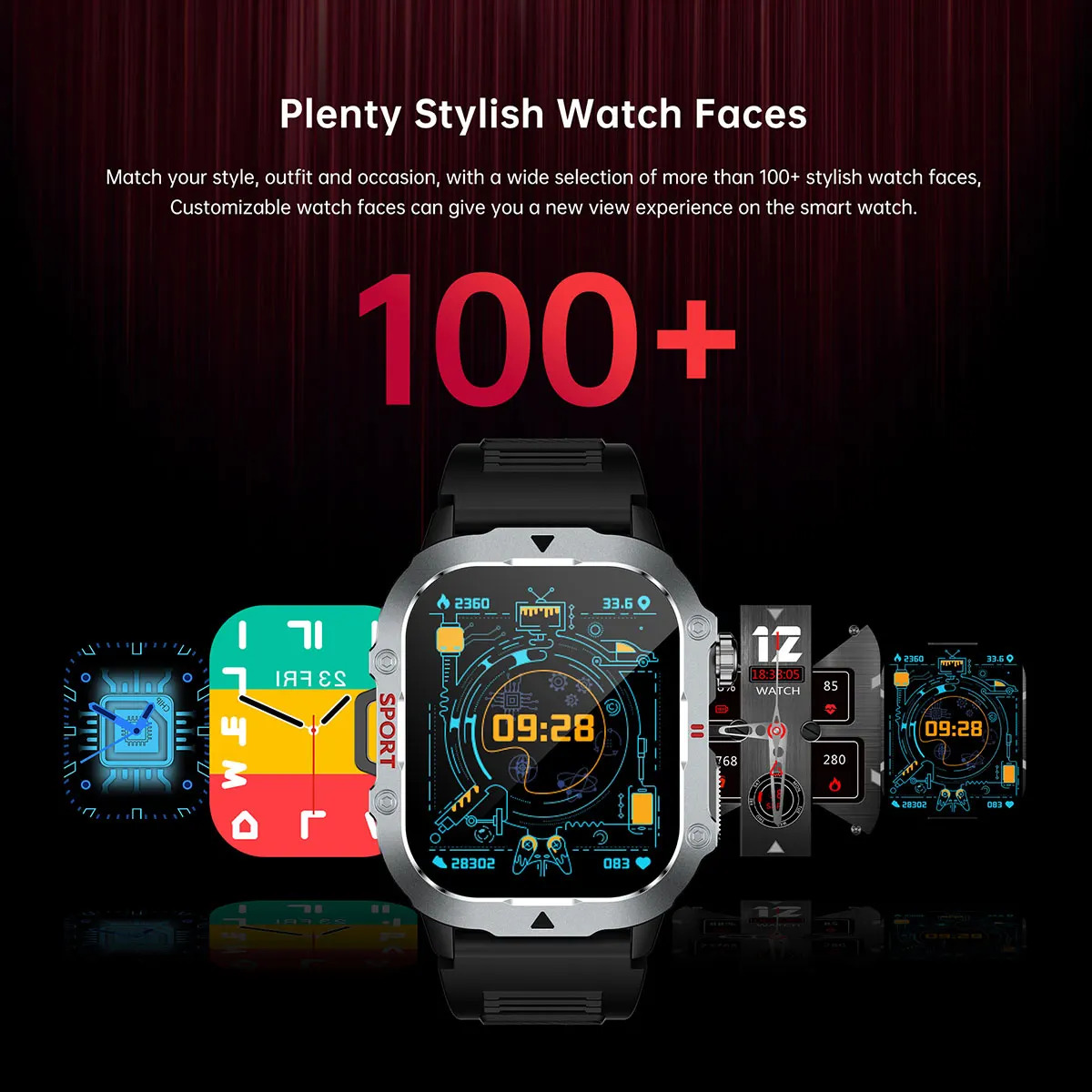 MYRYDER C30Pro smart watch detail: plenty of stylish watch faces: more than 100 dials shown as floating previews around a silver watch
