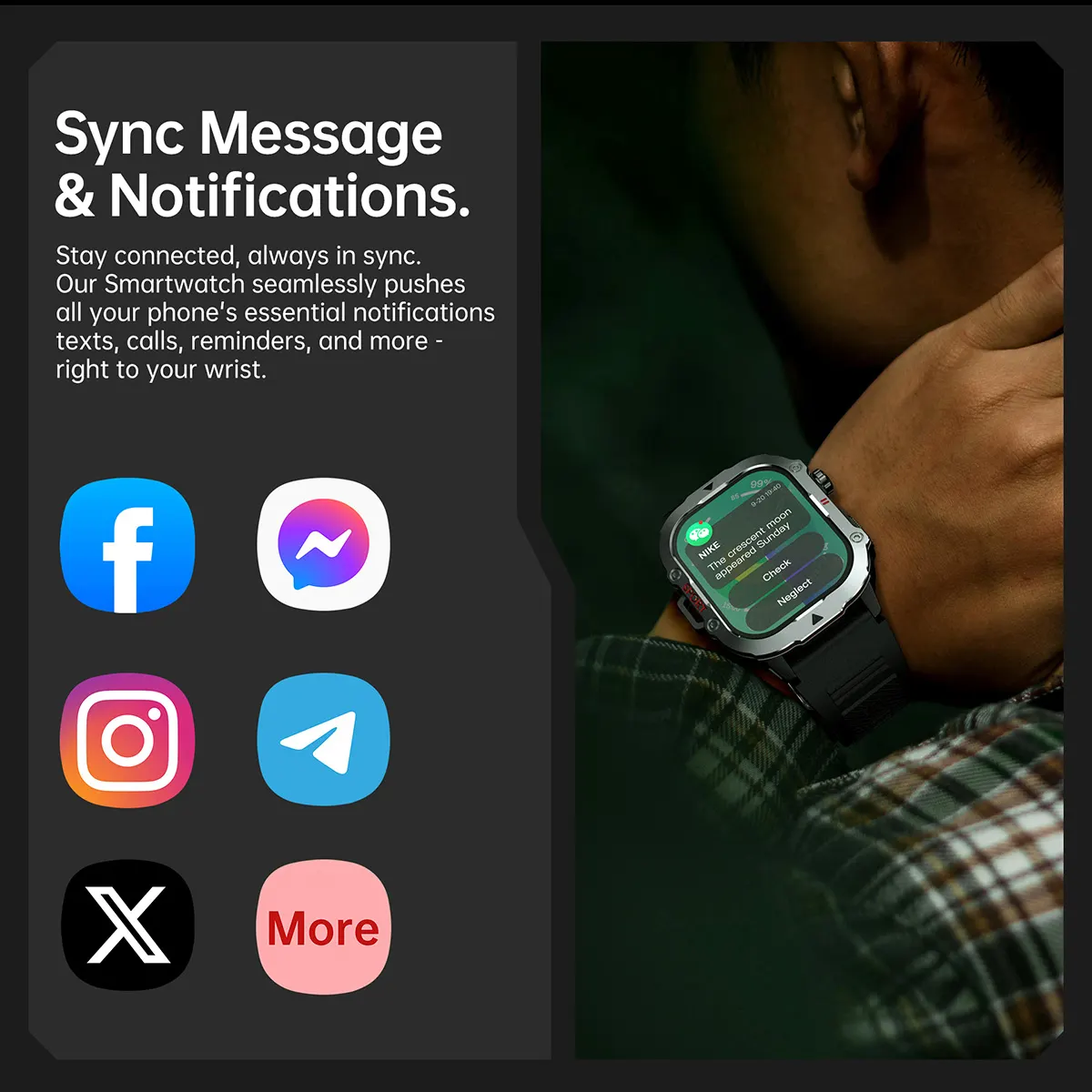 MYRYDER C30Pro smart watch detail: sync message and notifications from Facebook, Messenger, Instagram, Telegram and X pushed to the watch on the wrist
