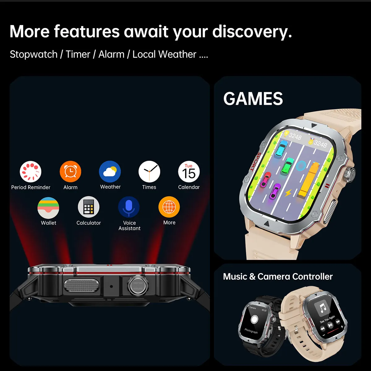 MYRYDER C30Pro smart watch detail: more features: period reminder, alarm, weather, times, calendar, wallet, calculator and voice assistant icons, a racing game on the watch, plus music and camera controller screens