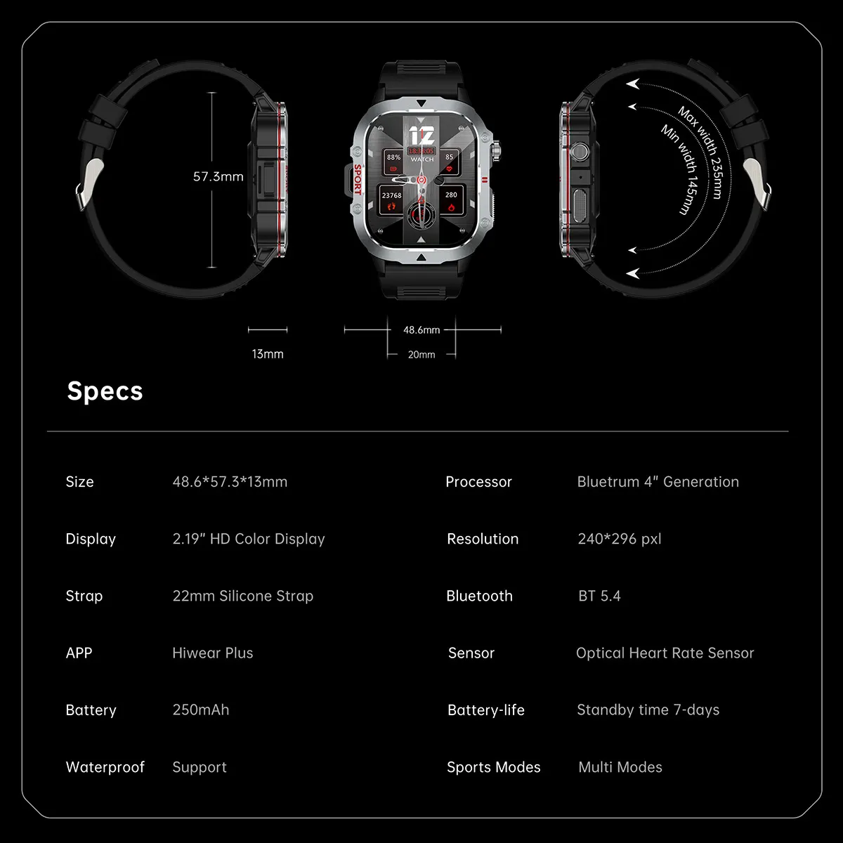 MYRYDER C30Pro smart watch detail: full spec table: 48.6 x 57.3 x 13 mm, 2.19-inch HD colour display at 240 x 296 pxl, 22 mm silicone strap, BT 5.4, Hiwear Plus app, optical heart-rate sensor, 250 mAh battery with 7-day standby, waterproof supported and multi sport modes