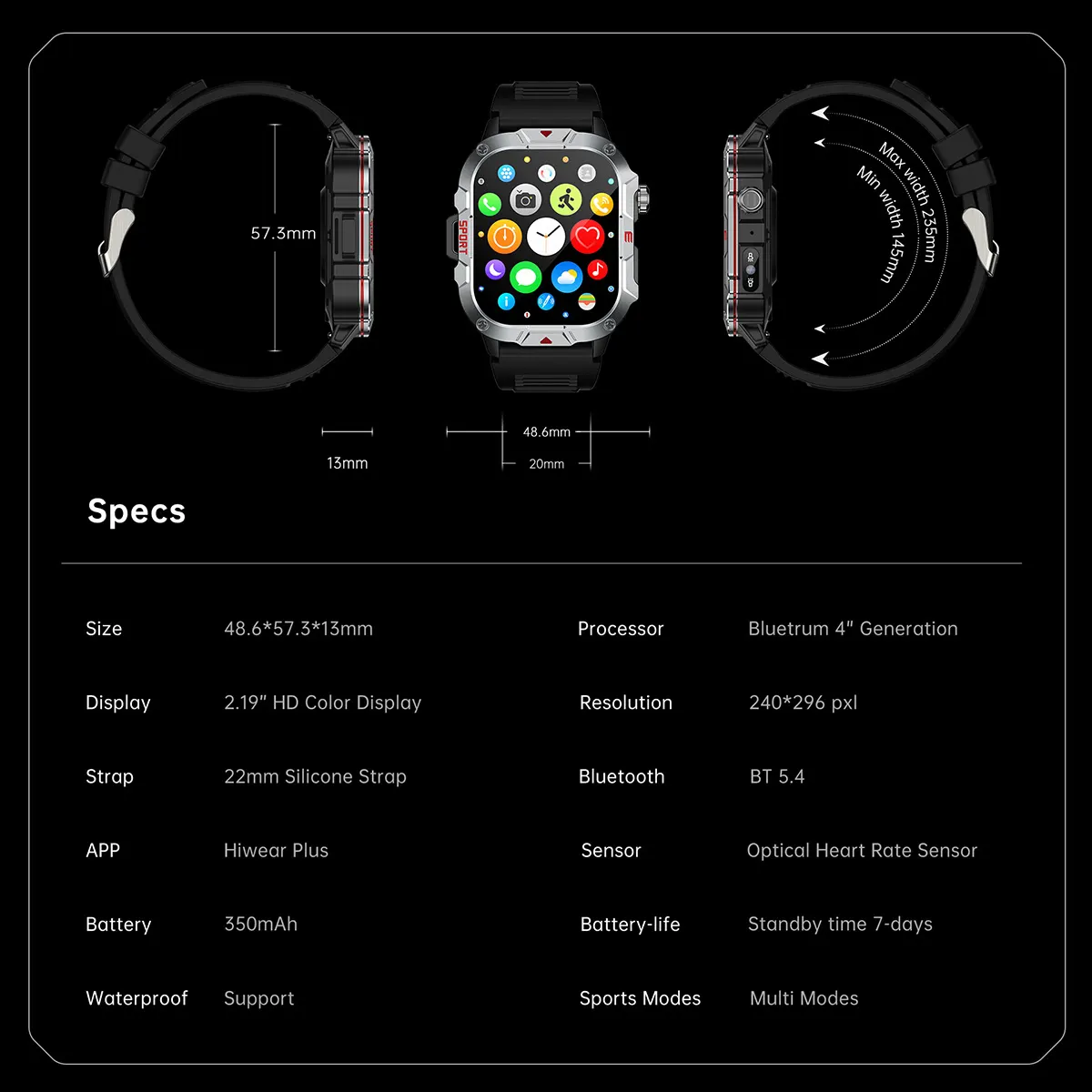 MYRYDER C40Pro smart watch detail: full spec table: 48.6 x 57.3 x 13 mm, 2.19-inch HD colour display at 240 x 296 pxl, 22 mm silicone strap, BT 5.4, Hiwear Plus app, optical heart-rate sensor, 350 mAh battery with 7-day standby, waterproof supported and multi sport modes