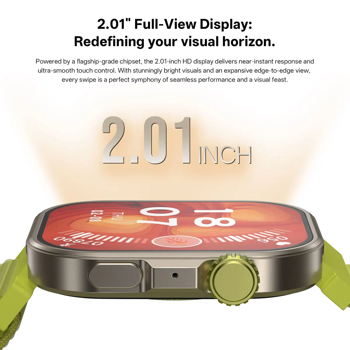MYRYDER C48Pro smart watch detail: the 2.01-inch full-view display shown edge-on to reveal the slim case profile and the bright red watch face