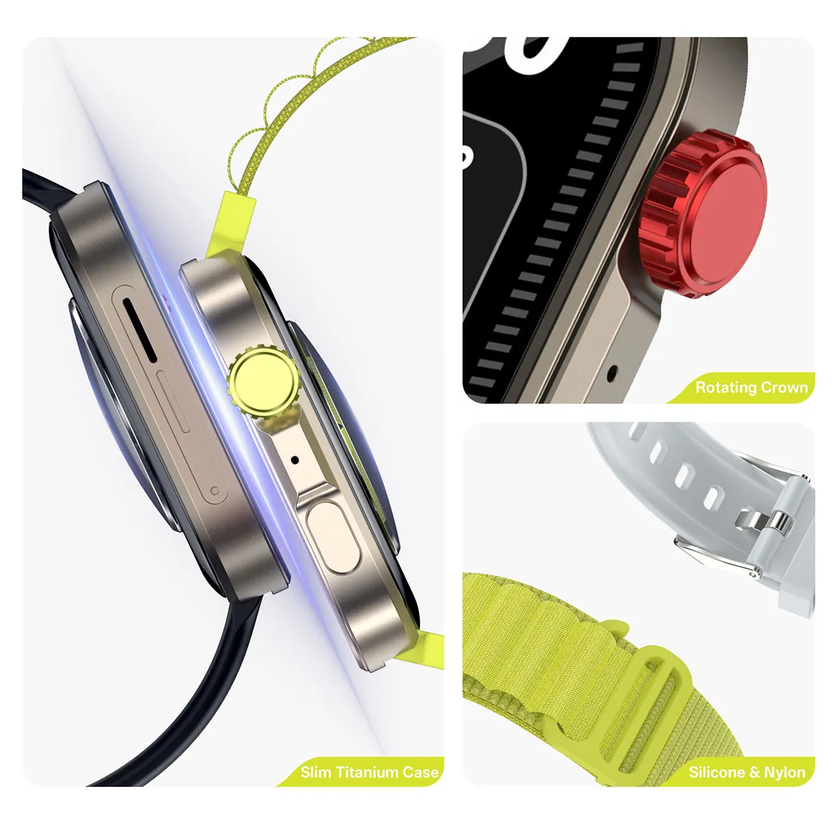 MYRYDER C48Pro smart watch detail: design close-ups of the slim titanium case, the rotating crown, and the silicone and nylon strap fittings