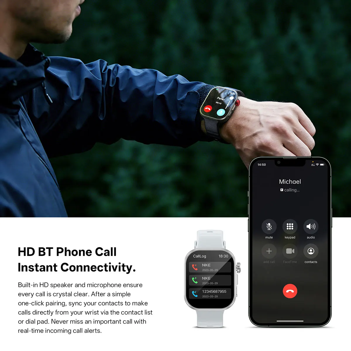 MYRYDER C48Pro smart watch detail: HD BT phone call — a wearer taking a call on the wrist next to a paired phone, with an on-watch call log and dial pad