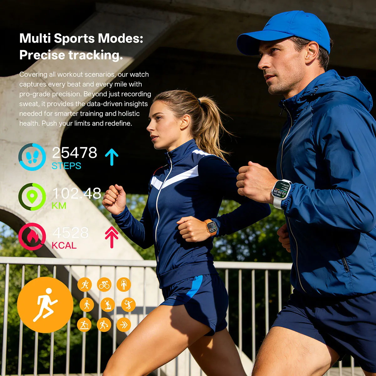 MYRYDER C48Pro smart watch detail: multi sports modes with steps, distance and calories tracked at 25478 steps, 102.48 km and 4528 kcal alongside running, cycling and walking mode icons