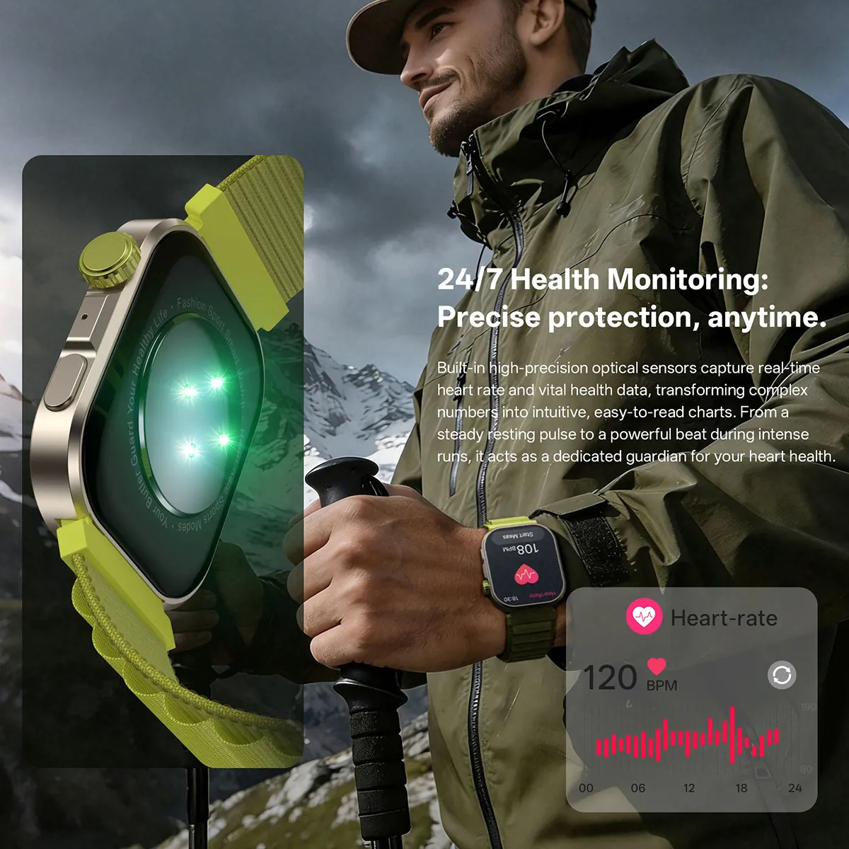 MYRYDER C48Pro smart watch detail: 24/7 health monitoring with the green optical sensor lit on the back of the case and a heart-rate reading of 120 bpm over a 24-hour chart